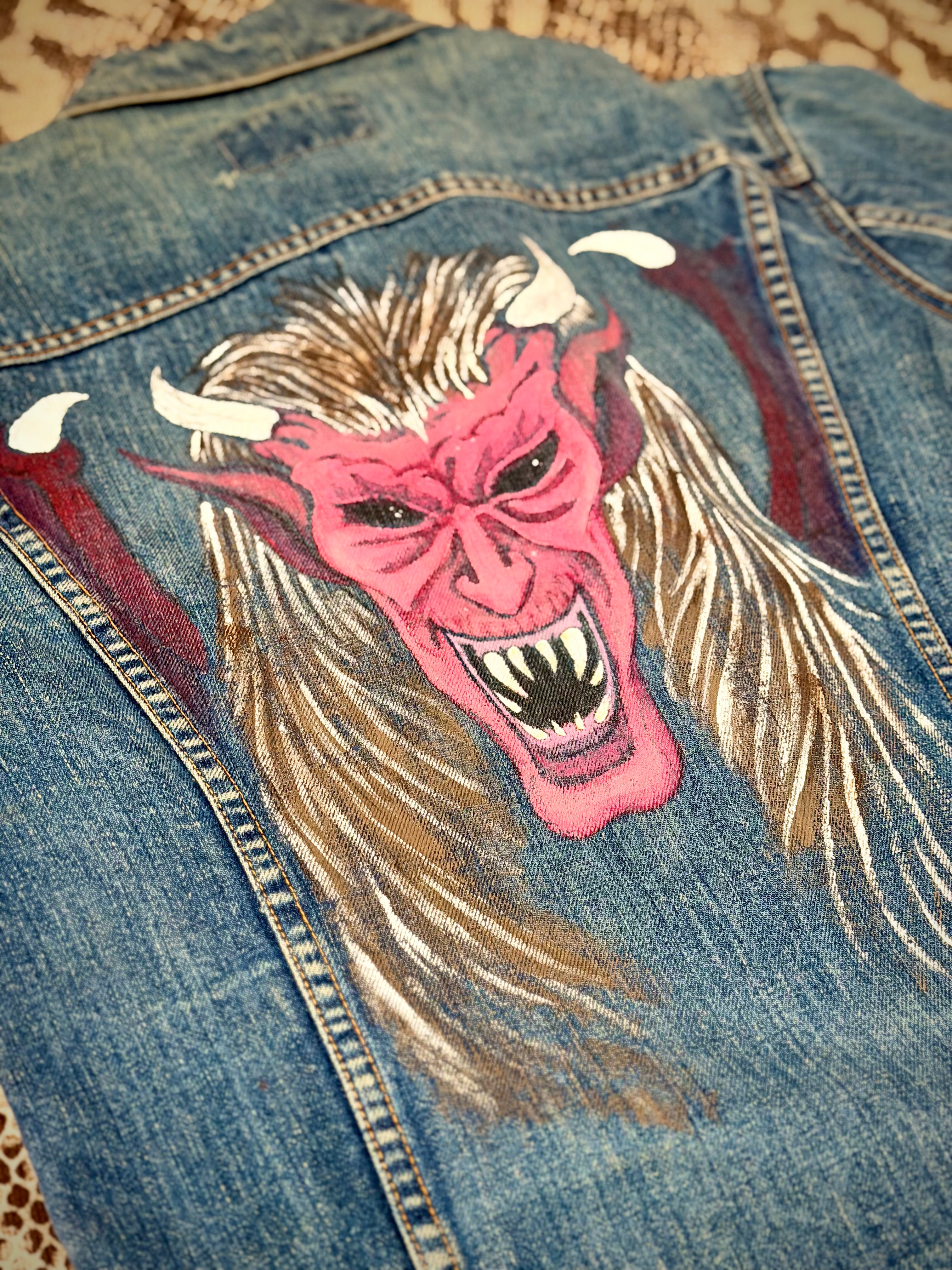 Levi's Big E 1960s Denim Trucker Jacket - Hand Painted Devil Artwork by New York Artist