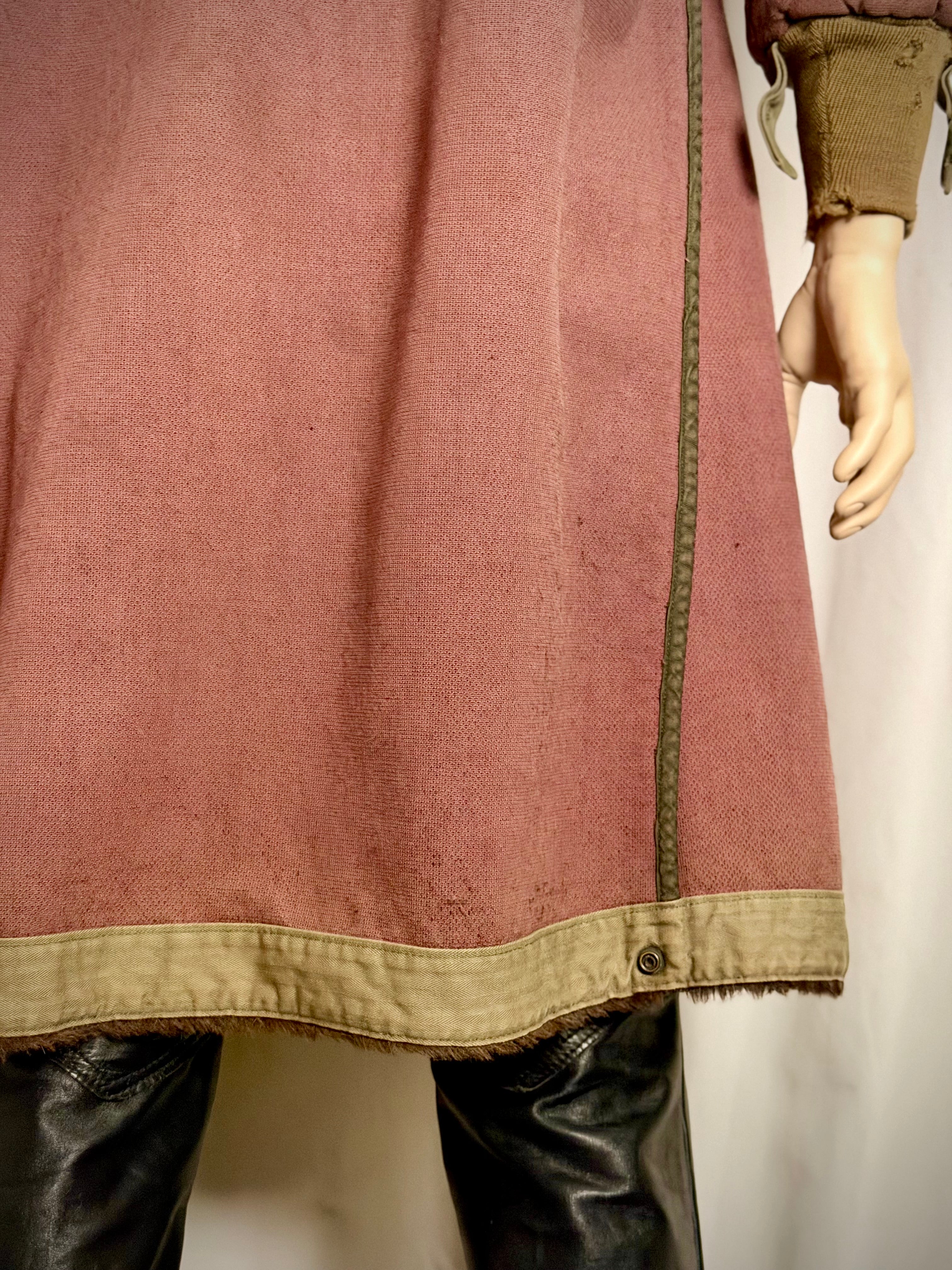 1960s Shearling Lined
Collarless Workers Coat - Olive Herringbone Trim