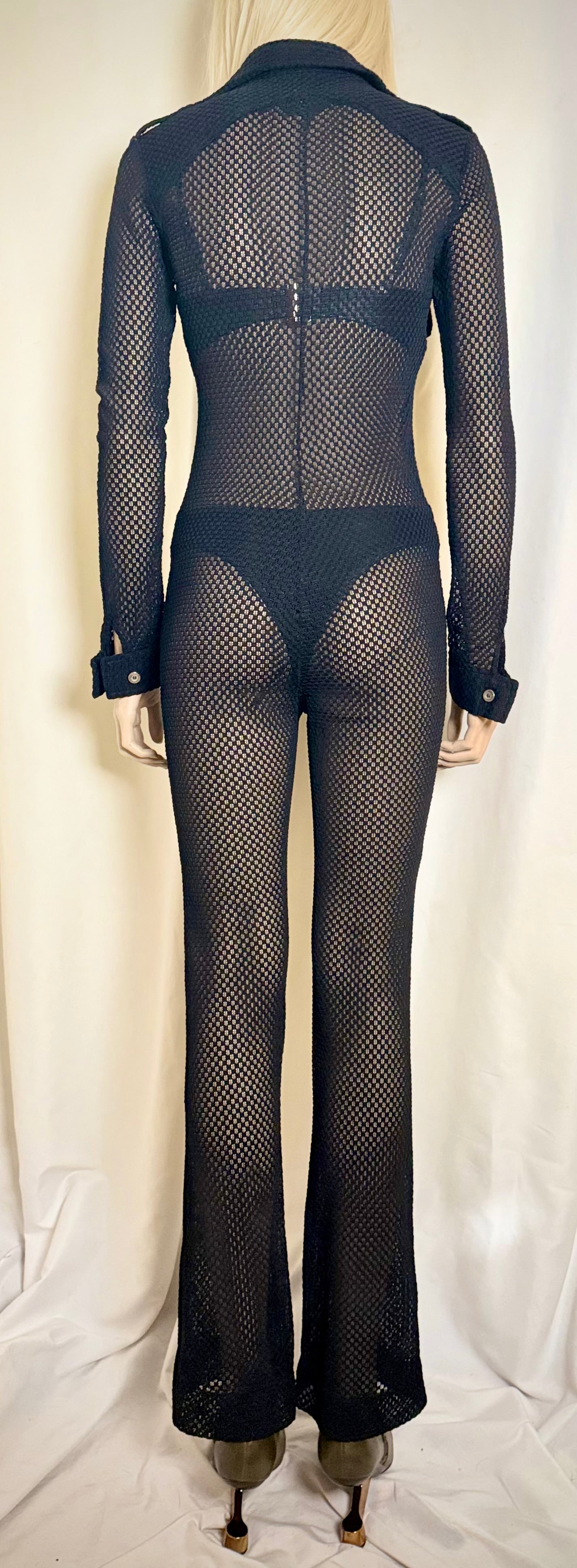 1970s Black Lace Mesh Jumpsuit With Military Details