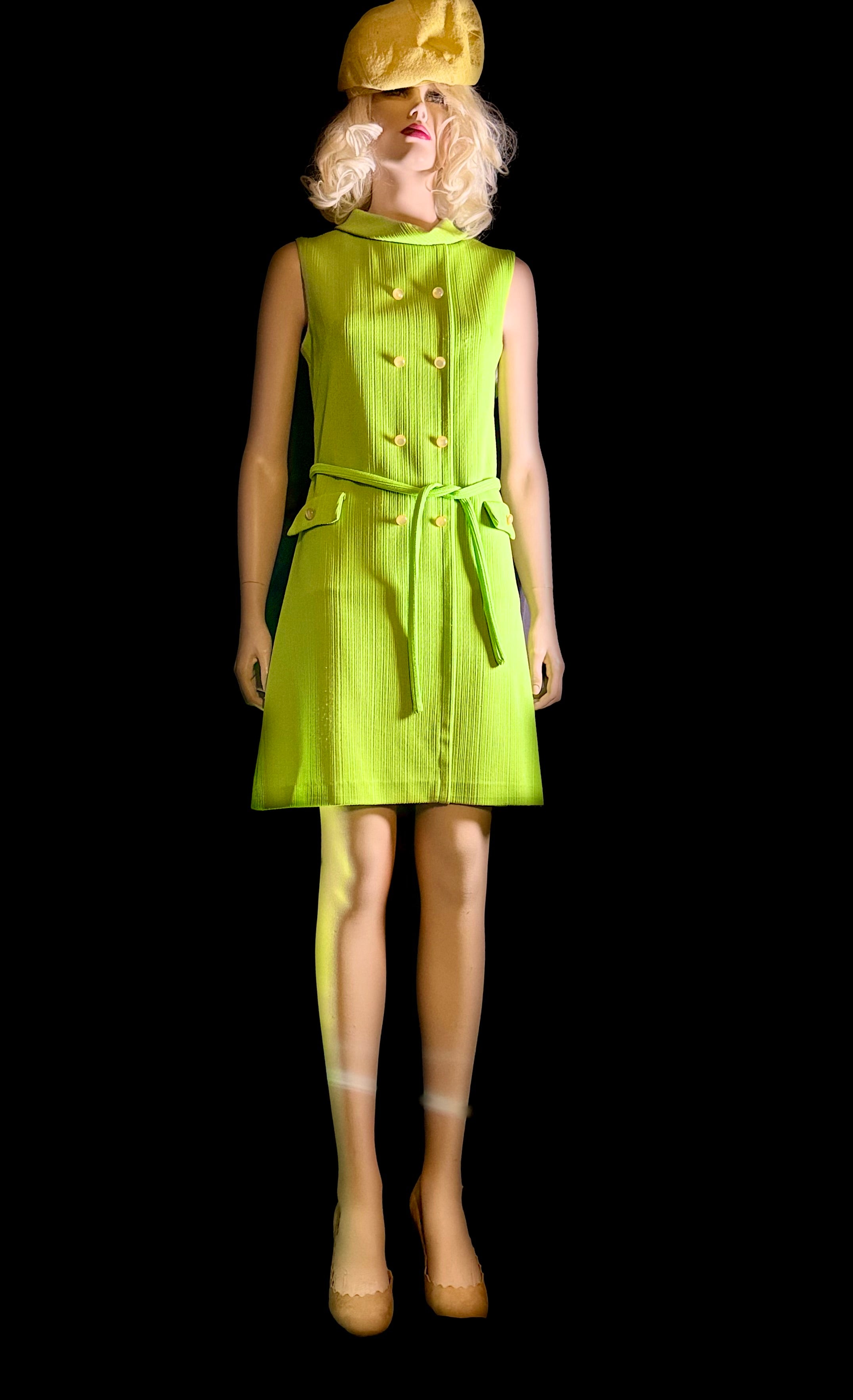 Vintage 60’s Ribbed Chartreuse Sleeveless Dress with Belt