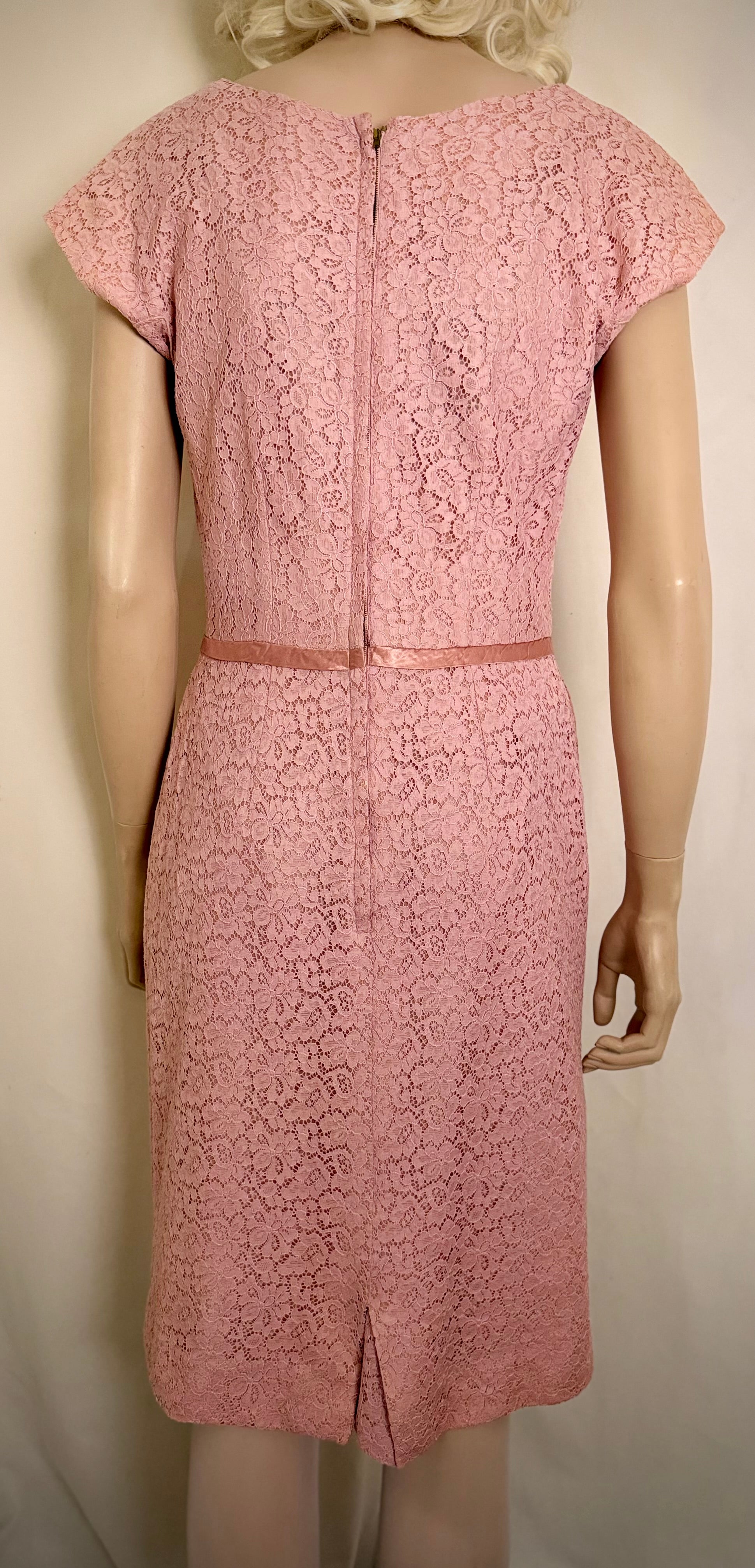 1950s Pink Lace Cocktail Dress with Satin Rosette Belt