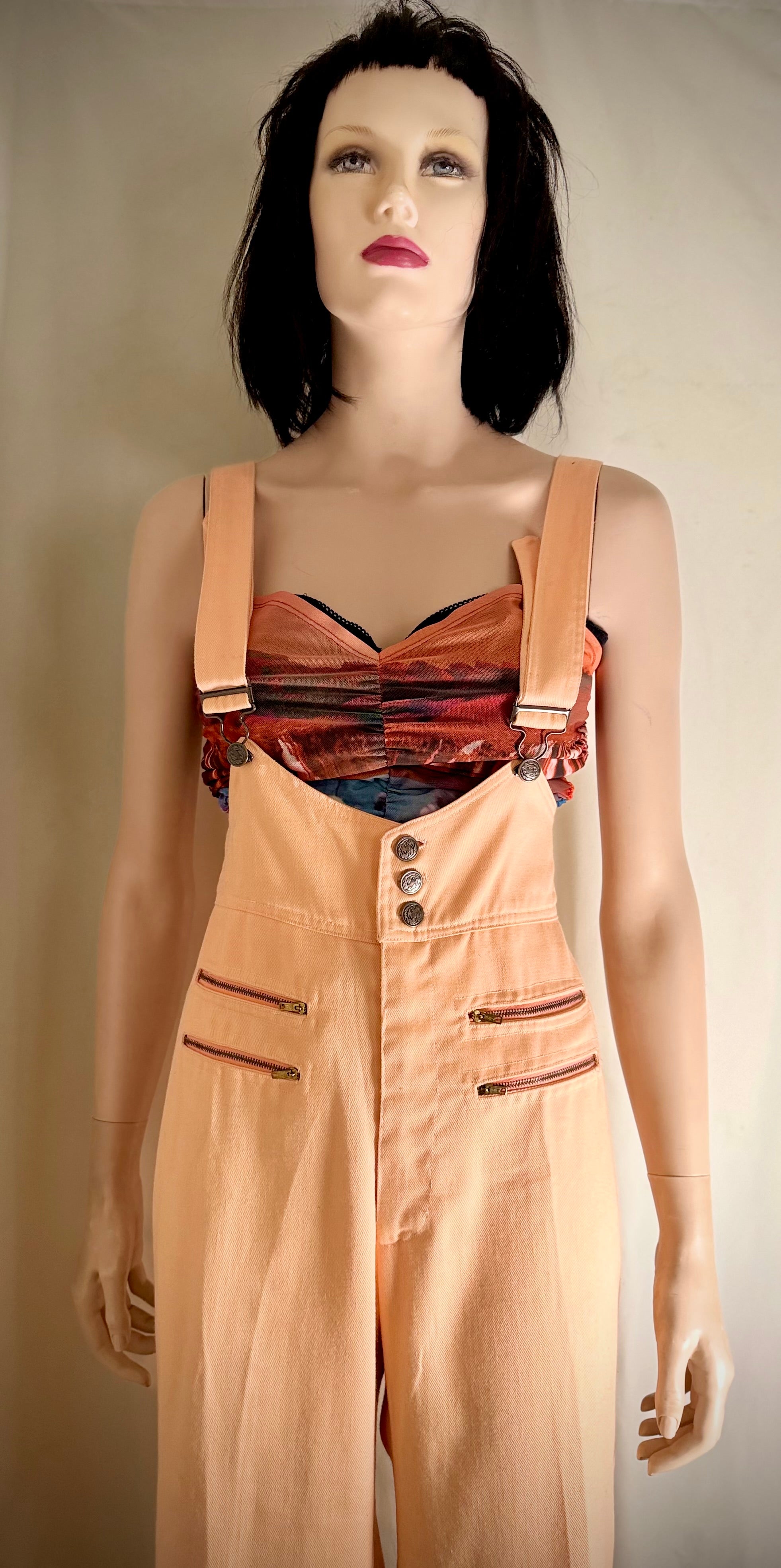 1970s Frederick’s of Hollywood Peach Cotton Flared Jumpsuit Overalls