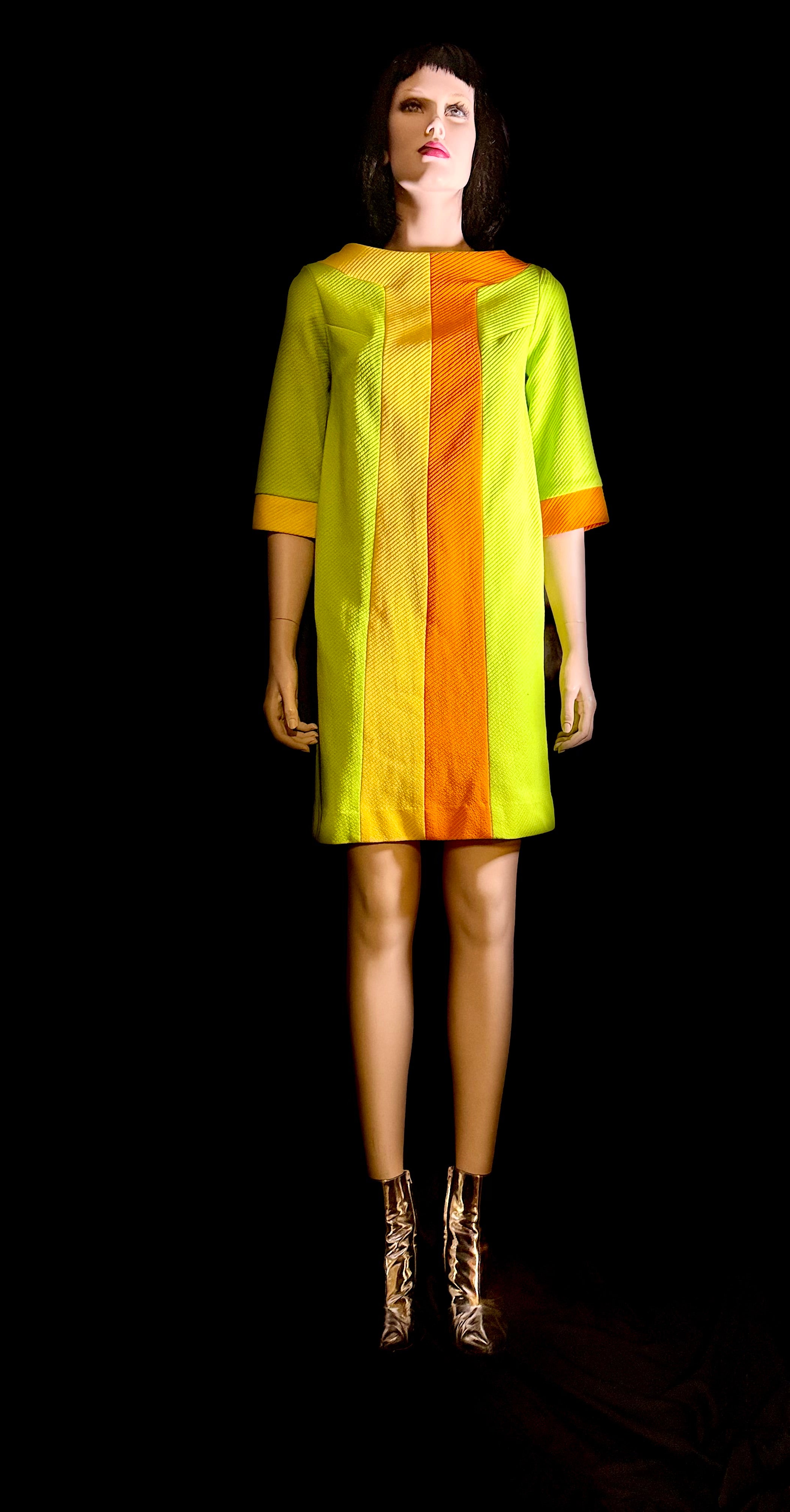 1960s Mod Graphic Stripe Shift Dress - Lime, Yellow and Tangerine
