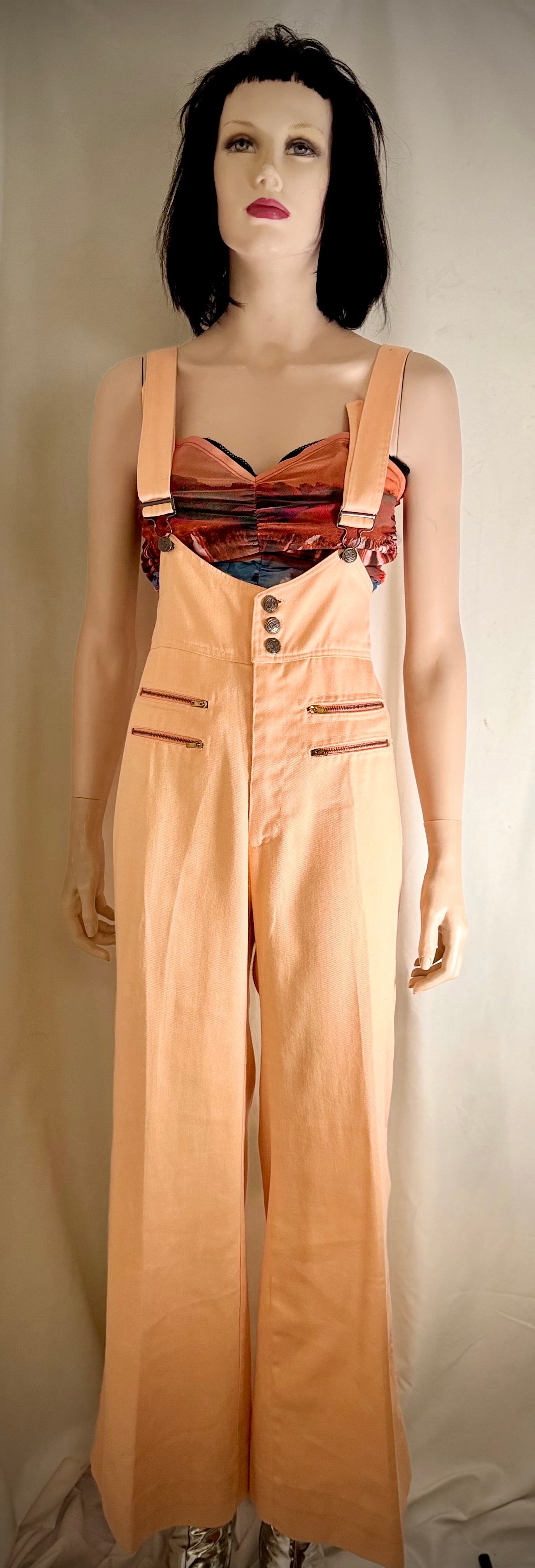 1970s Frederick’s of Hollywood Peach Cotton Flared Jumpsuit Overalls