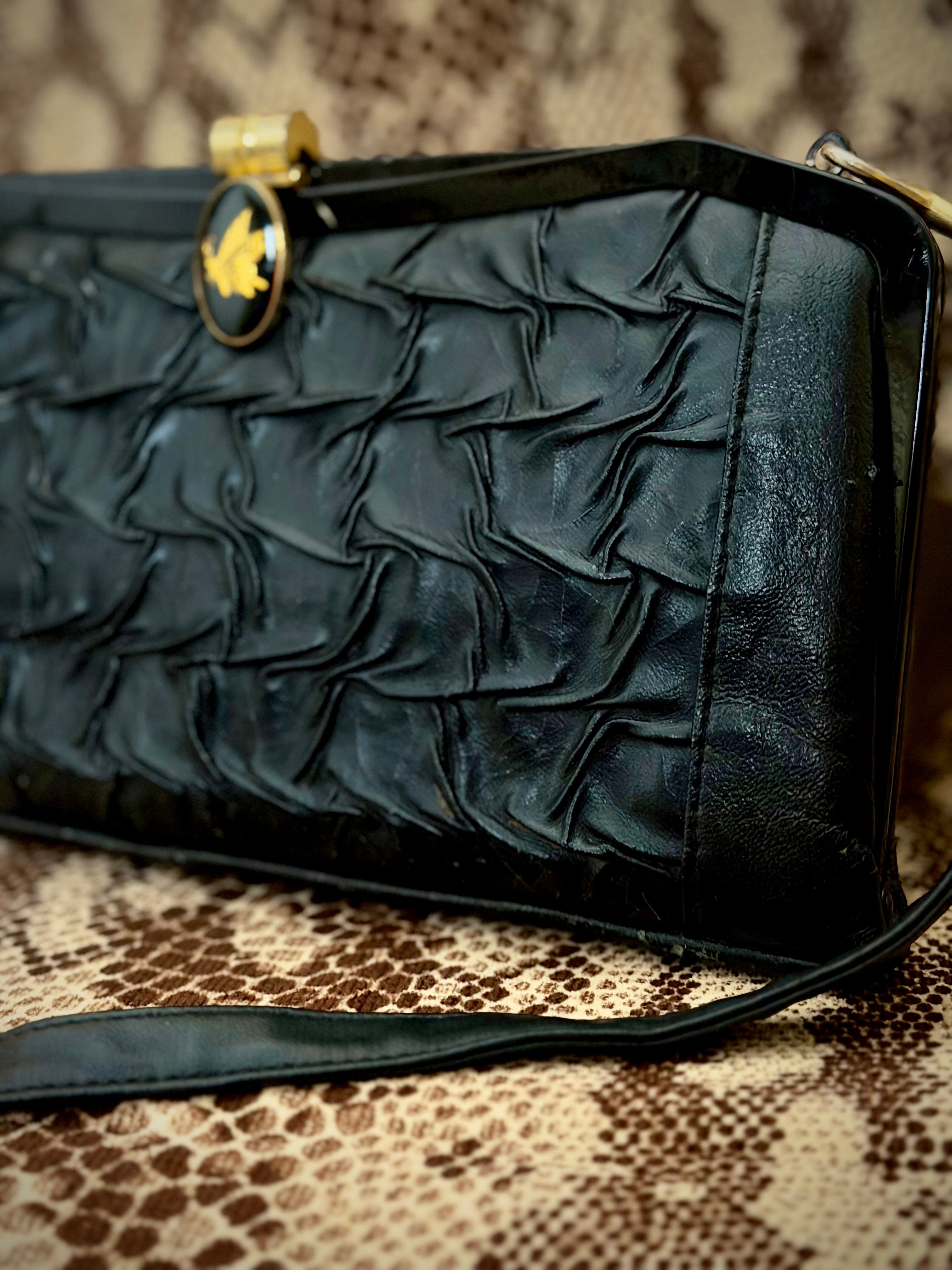 Late 50s-Early 60s Black Gathered Leather Shoulder Bag with Gold Butterfly Clasp