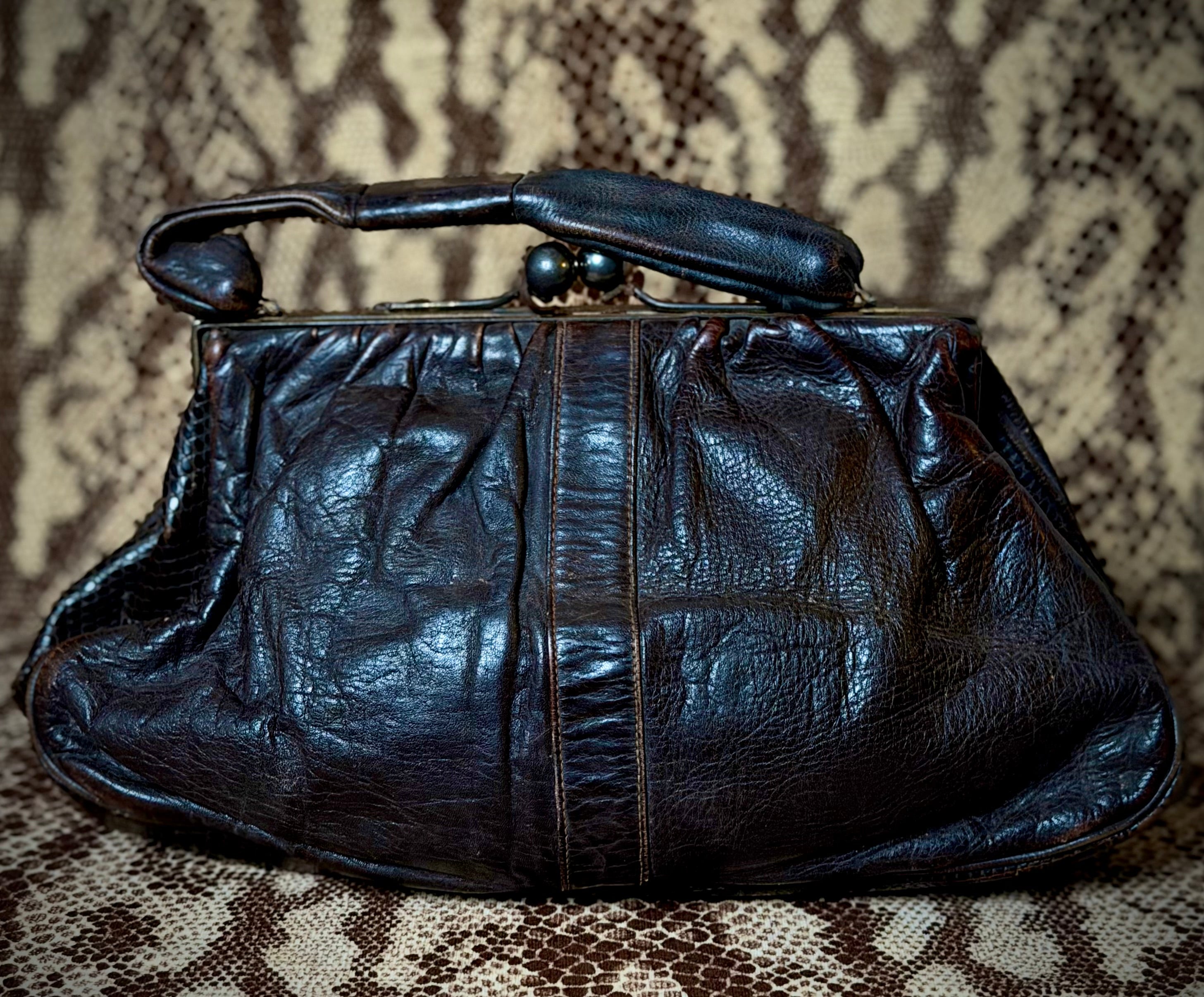 Late 1930s-1940s Leather and Reptile Skin Frame Handbag