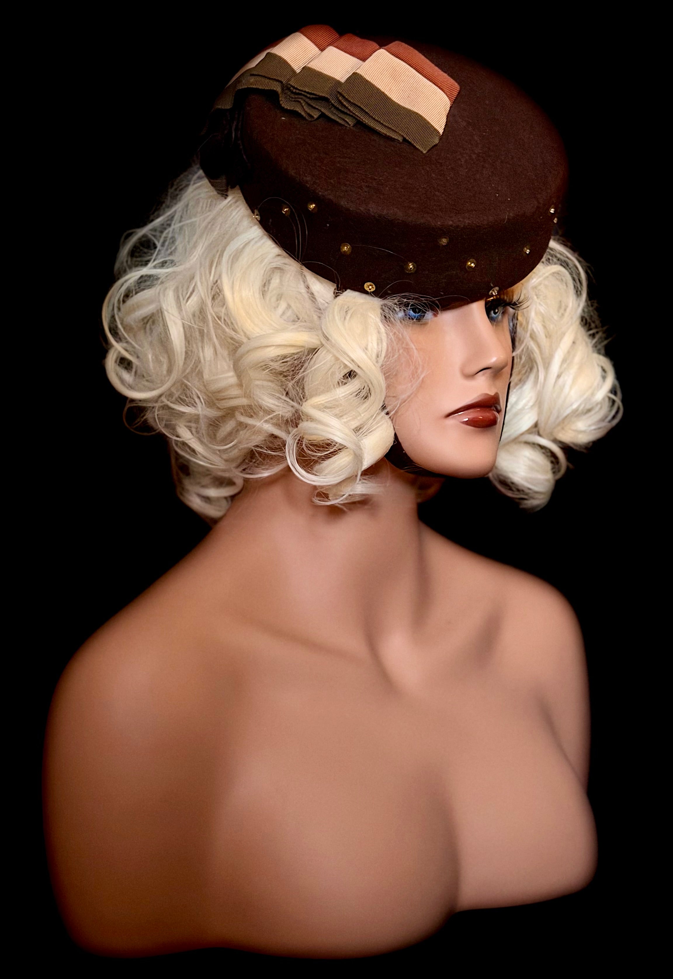Immaculate Mid-Century Chocolate Brown Felt Cocktail Hat with Sequin Detail & Grosgrain Ribbon Trim