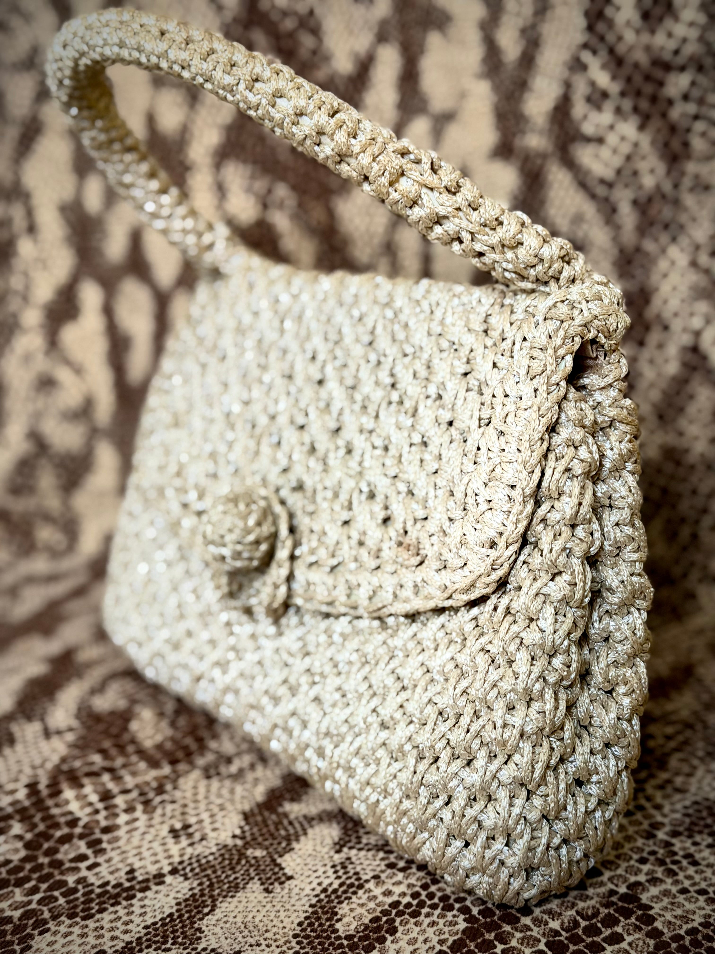Crochet Tote - 1960s Handwoven Raffia Handbag