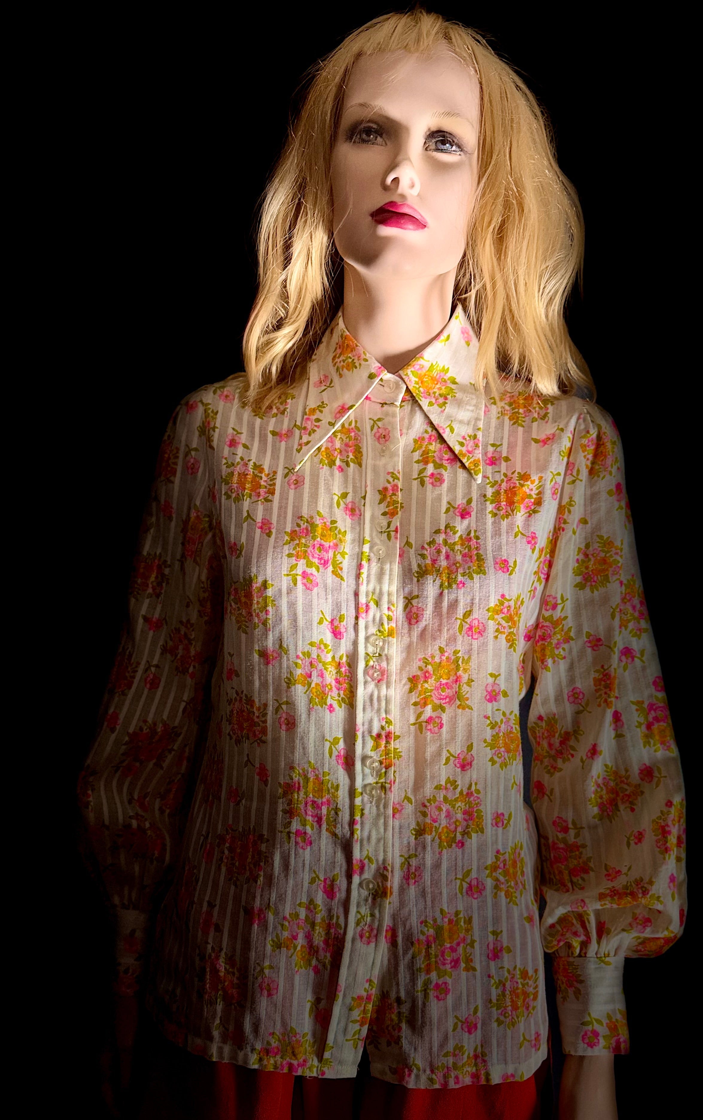1970s Semi-Sheer Floral Stripe Blouse with Double Buttons