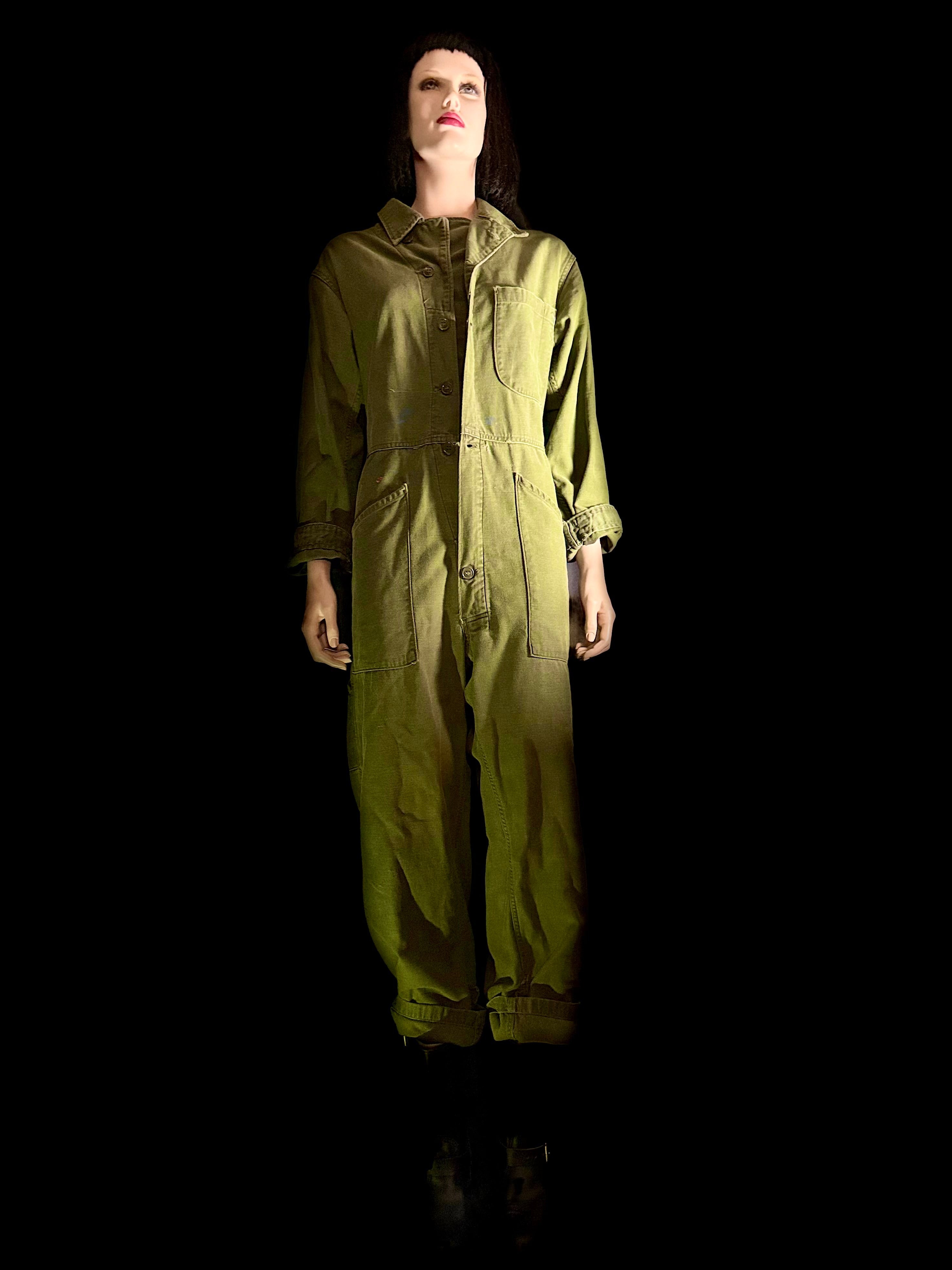 1970s Olive Workwear Jumpsuit | Vintage Painter’s Coverall | Cotton Utility Suit