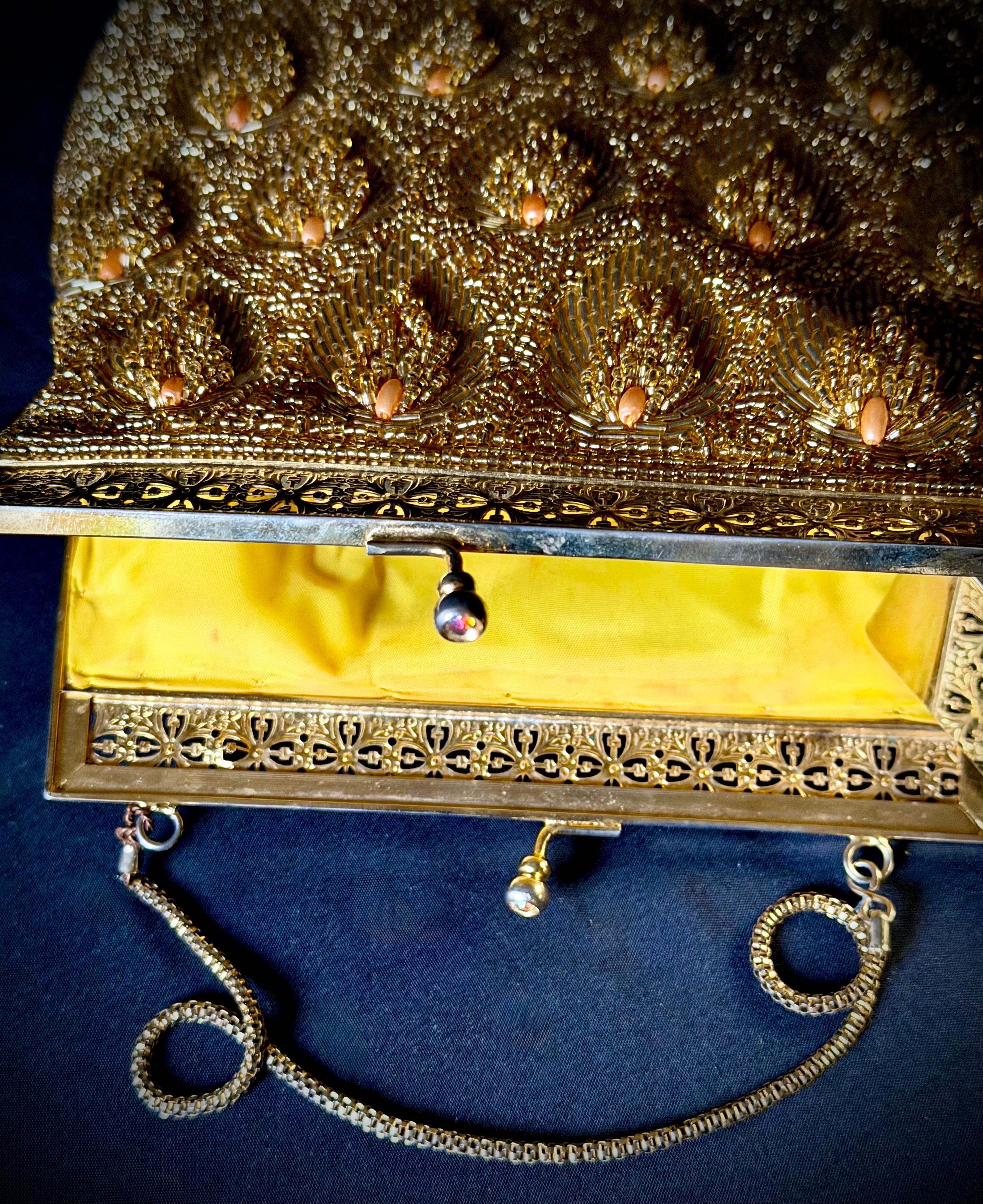 Evening Bag - 1950s Gold Beaded Clutch with Floral Filigree Frame”