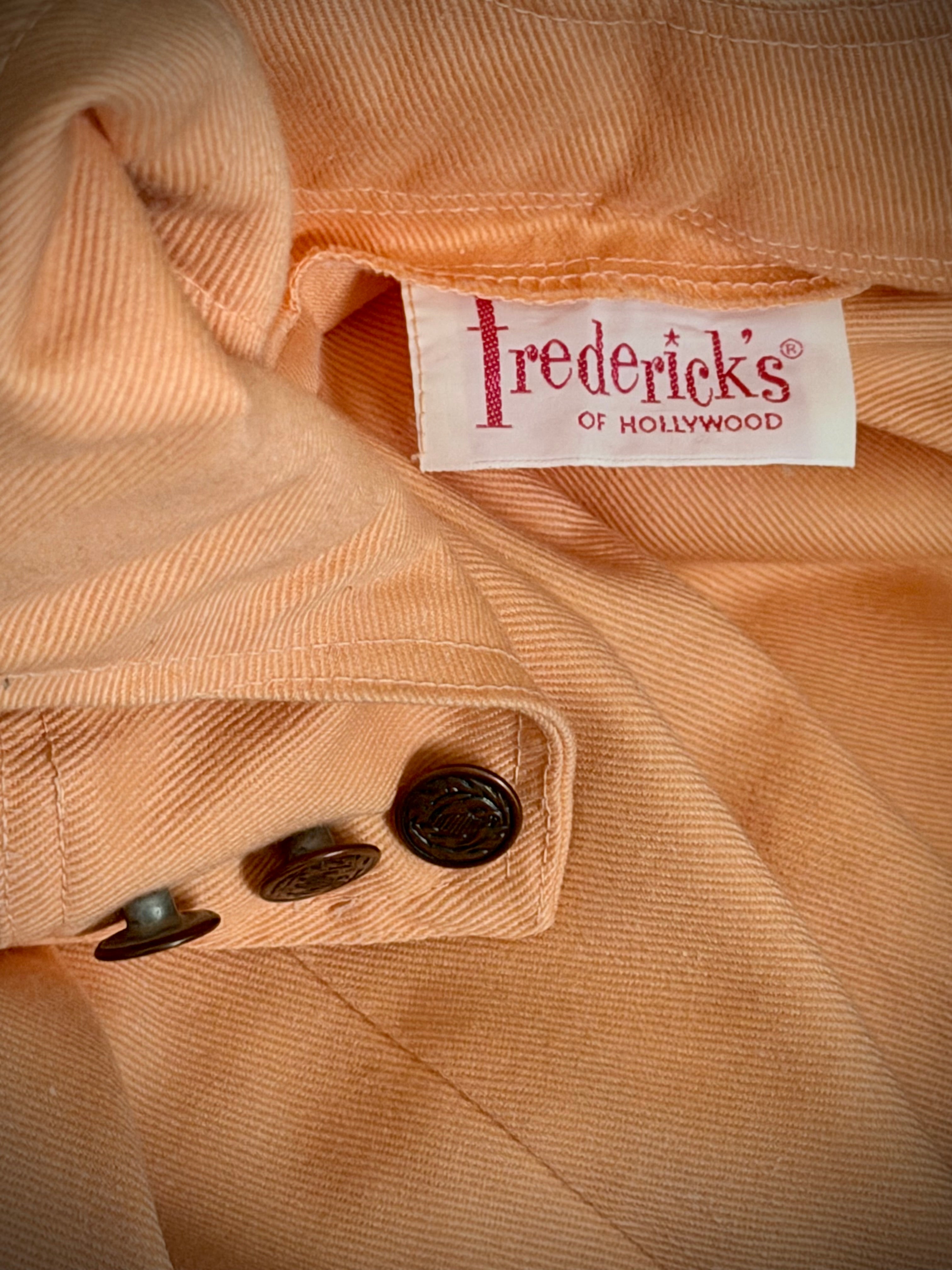 1970s Frederick’s of Hollywood Peach Cotton Flared Jumpsuit Overalls