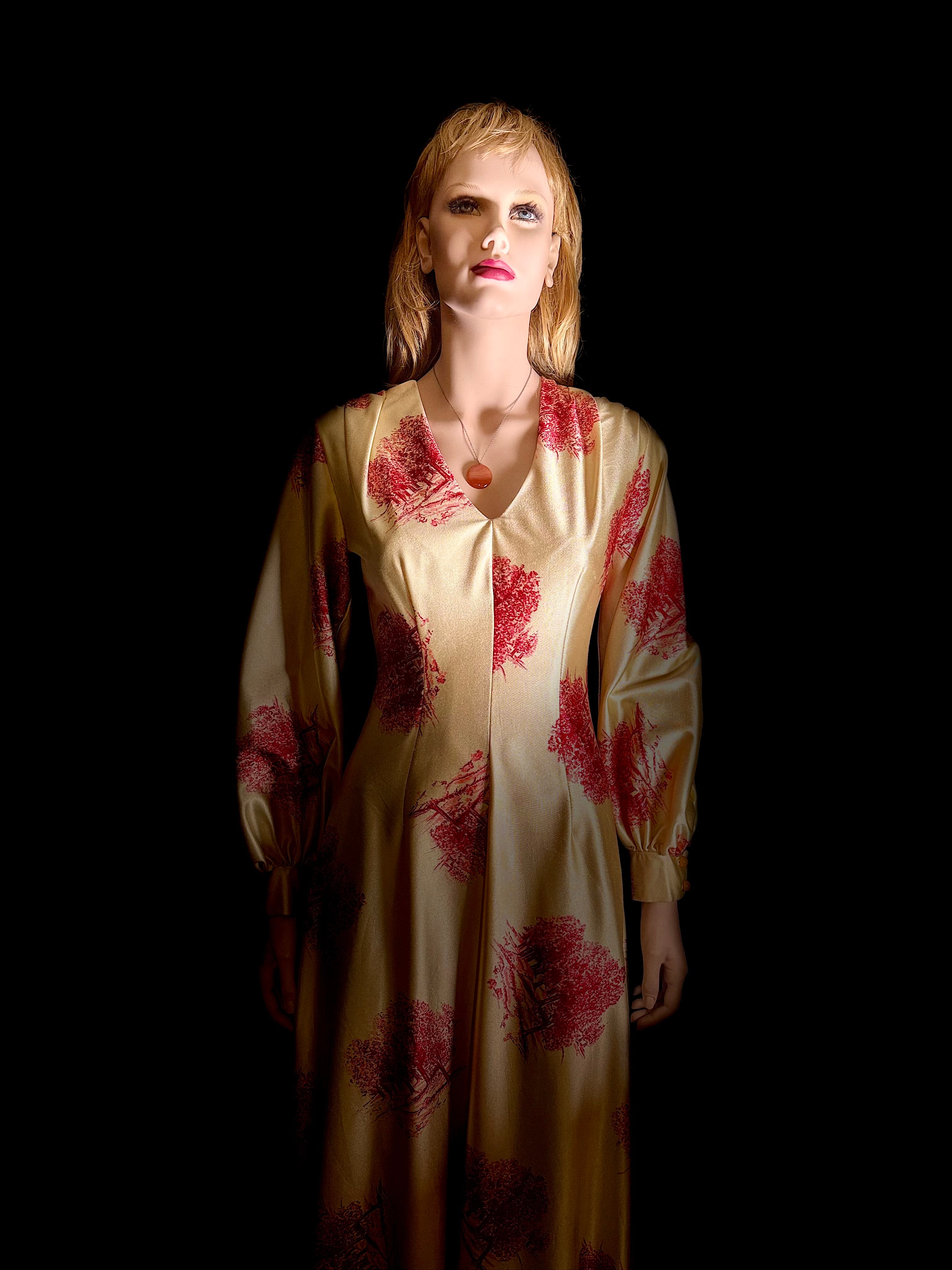 Vintage 1970s Golden Toile Evening Gown – Balloon Sleeves, Full Length