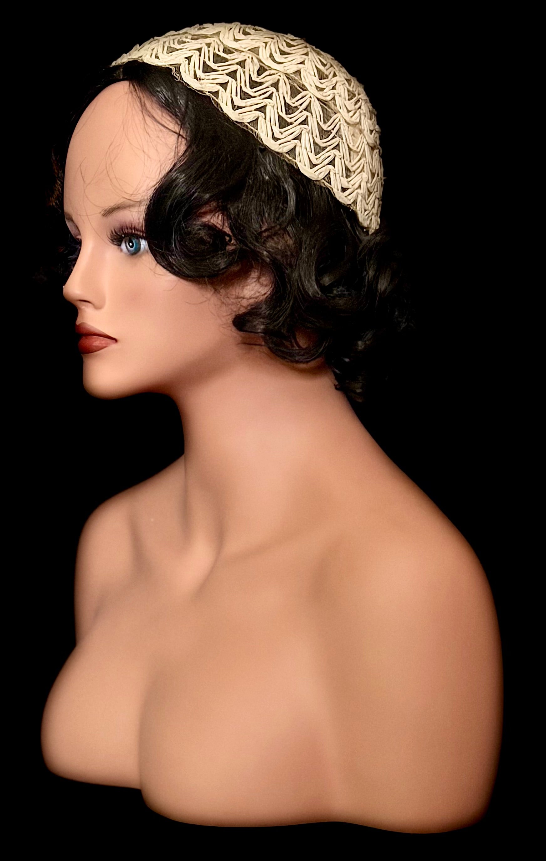Woven Ribbon Skull Cap - 1950s Ivory Vintage Headpiece