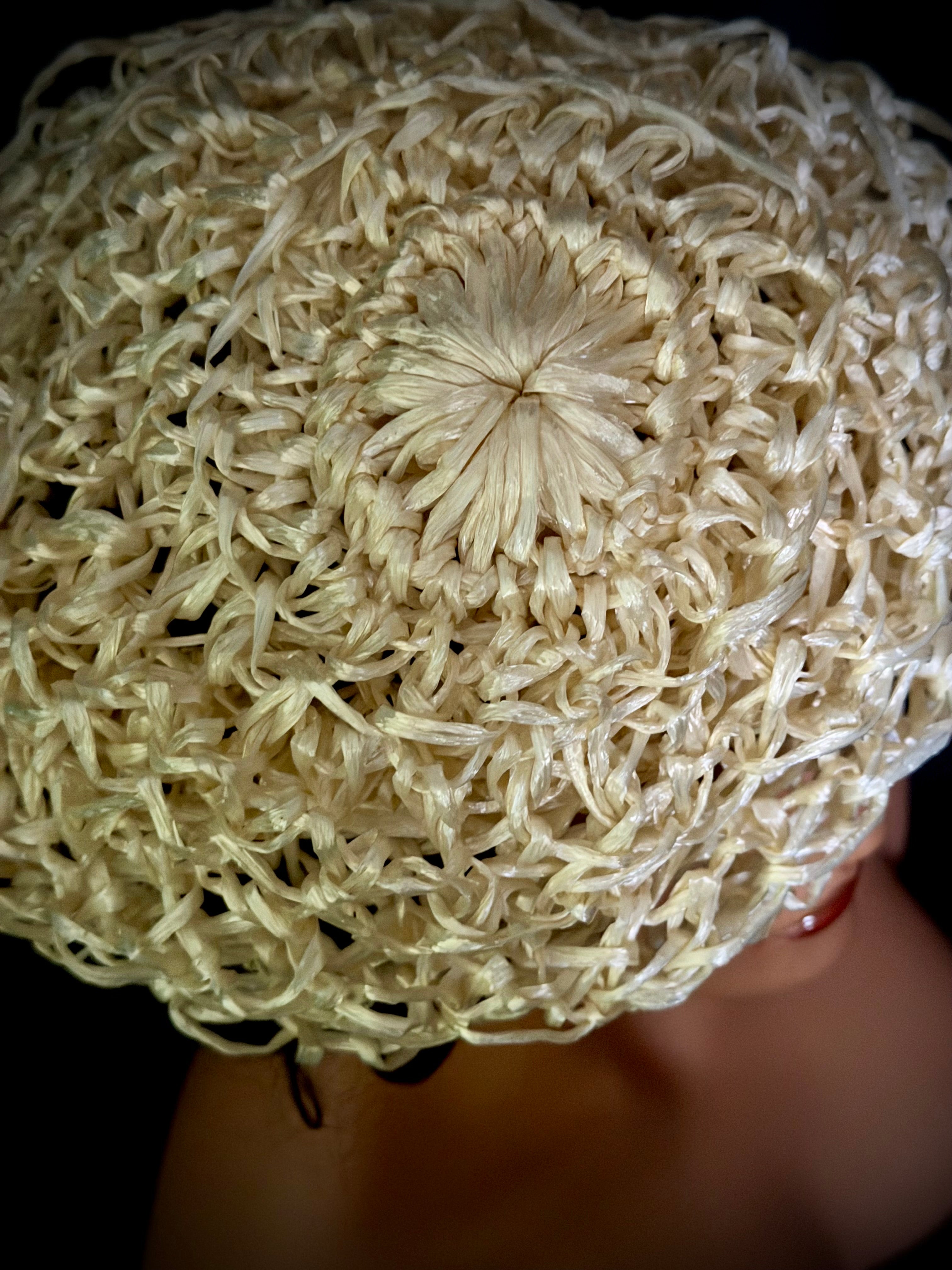 Mid-Century Sculptural Raffia Hat - Handwoven Organic Form