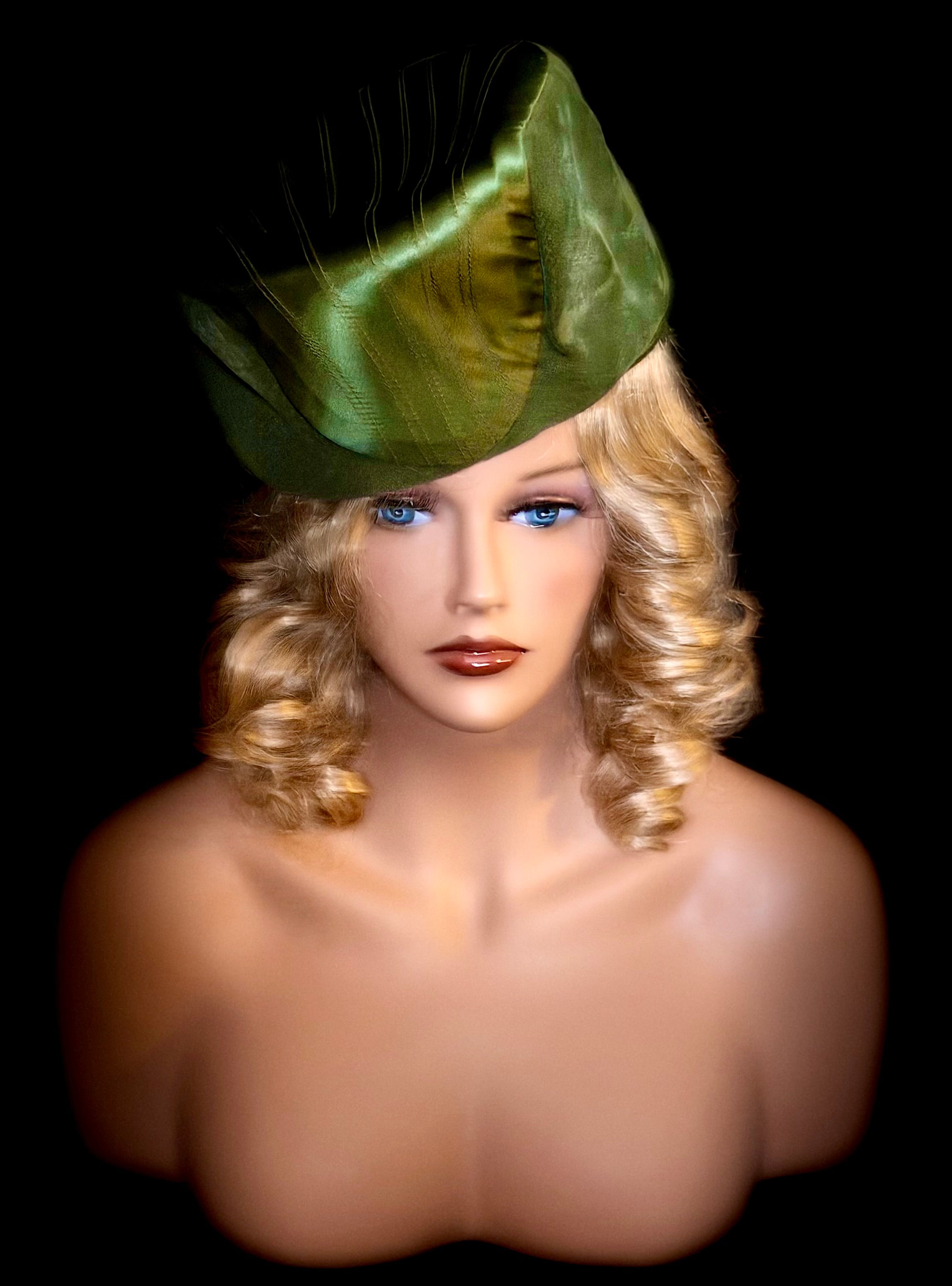 1950s Olive Sculpted Cocktail Hat - Satin Panelled Atelier Piece