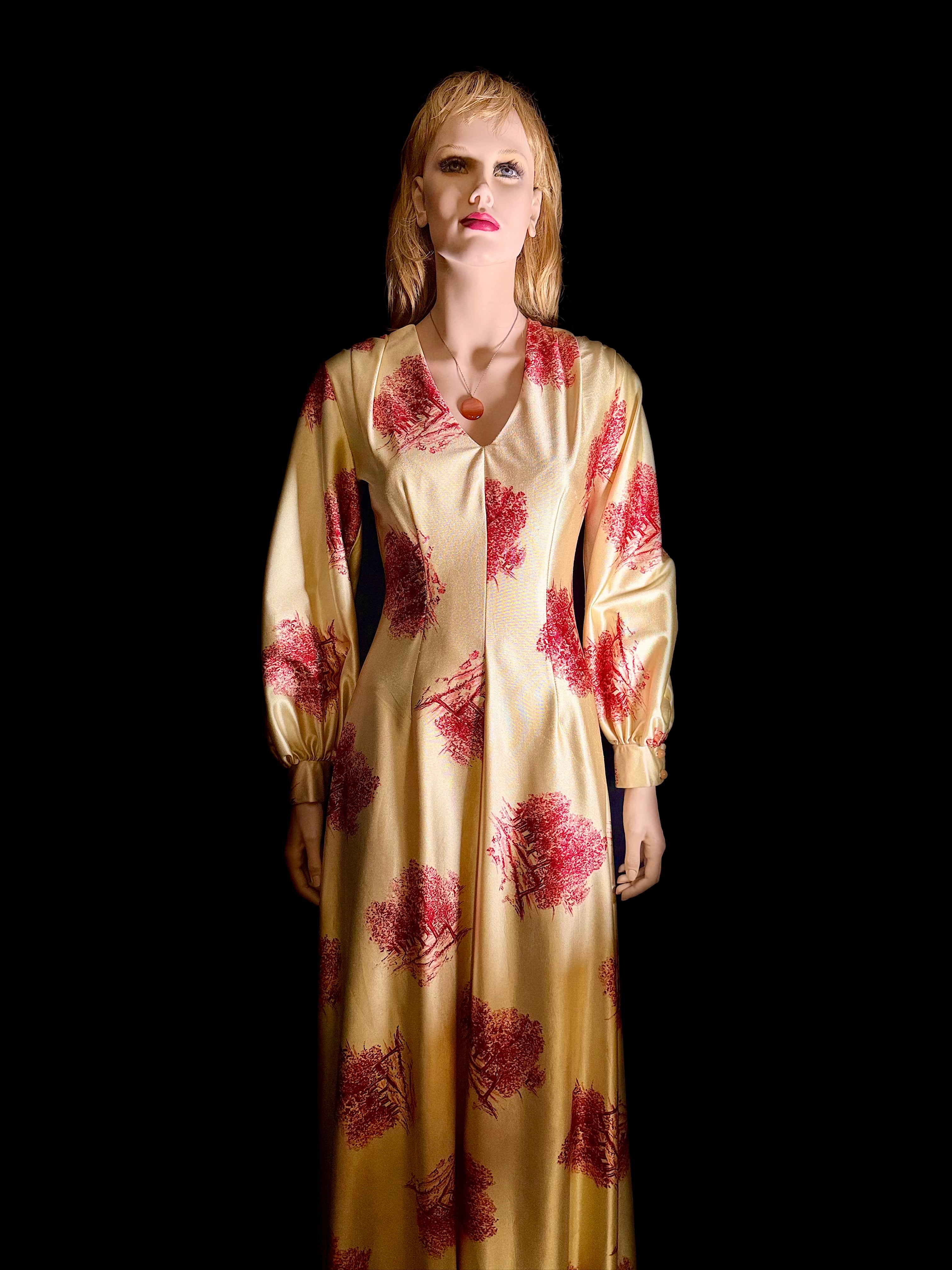 Vintage 1970s Golden Toile Evening Gown – Balloon Sleeves, Full Length