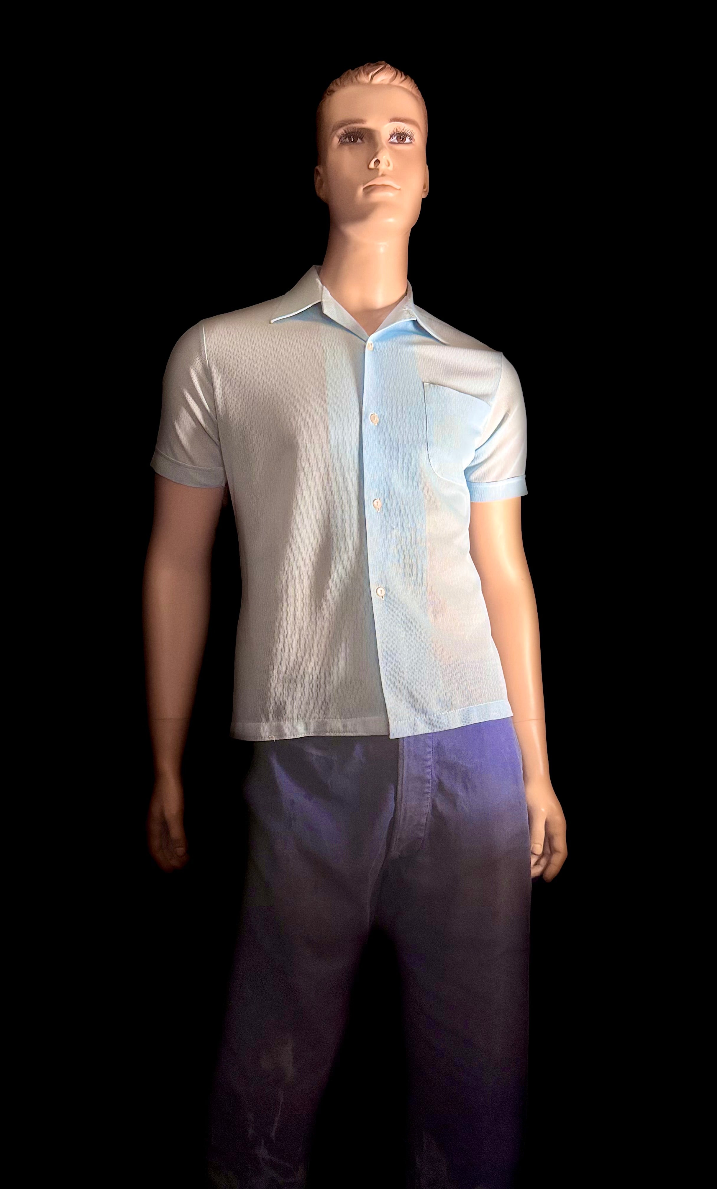 1960s Ice-Blue Sheer Shirt - Lightweight Mesh Weave
