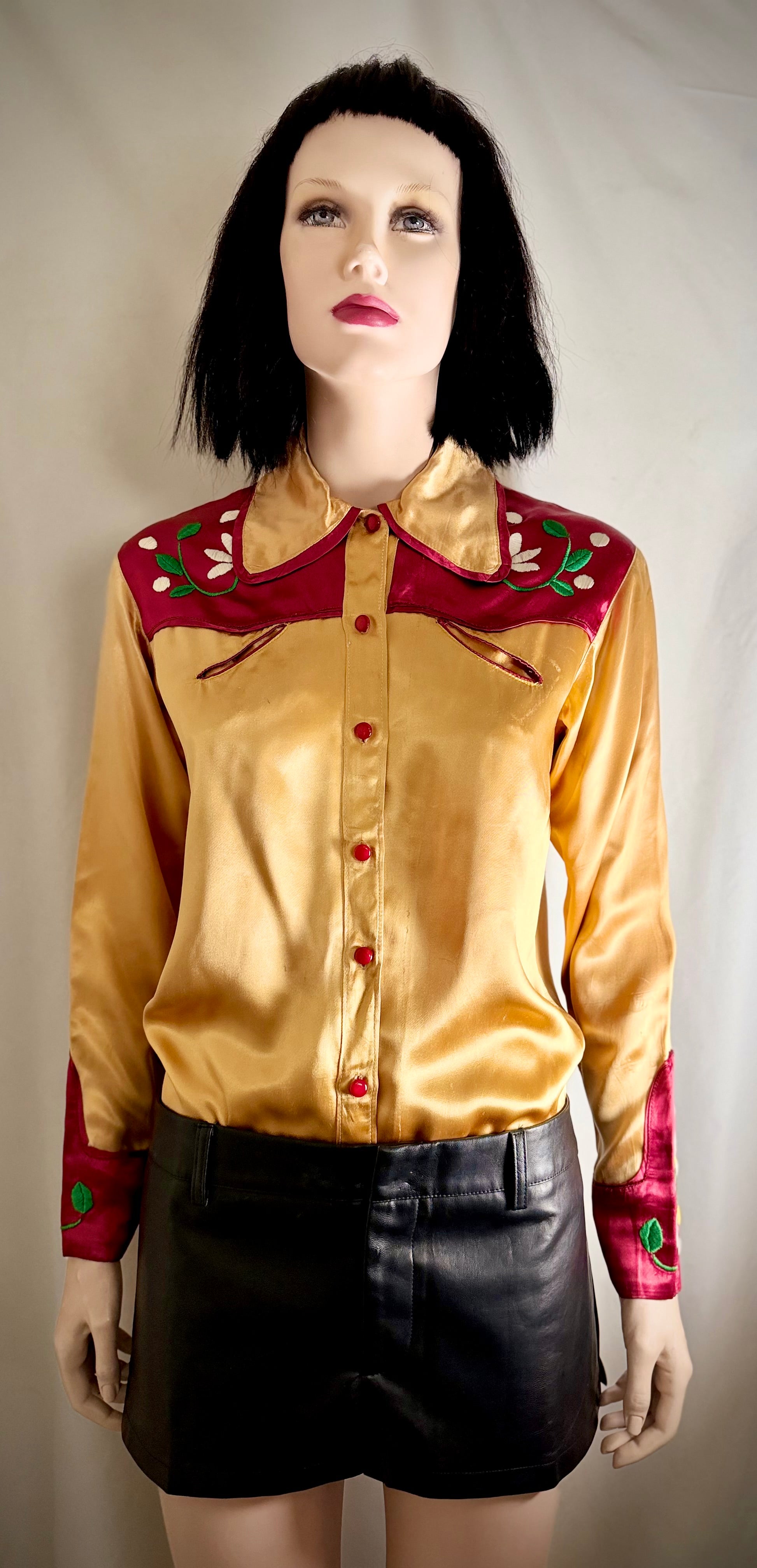 1940s Hand Embroidered Satin Western Shirt