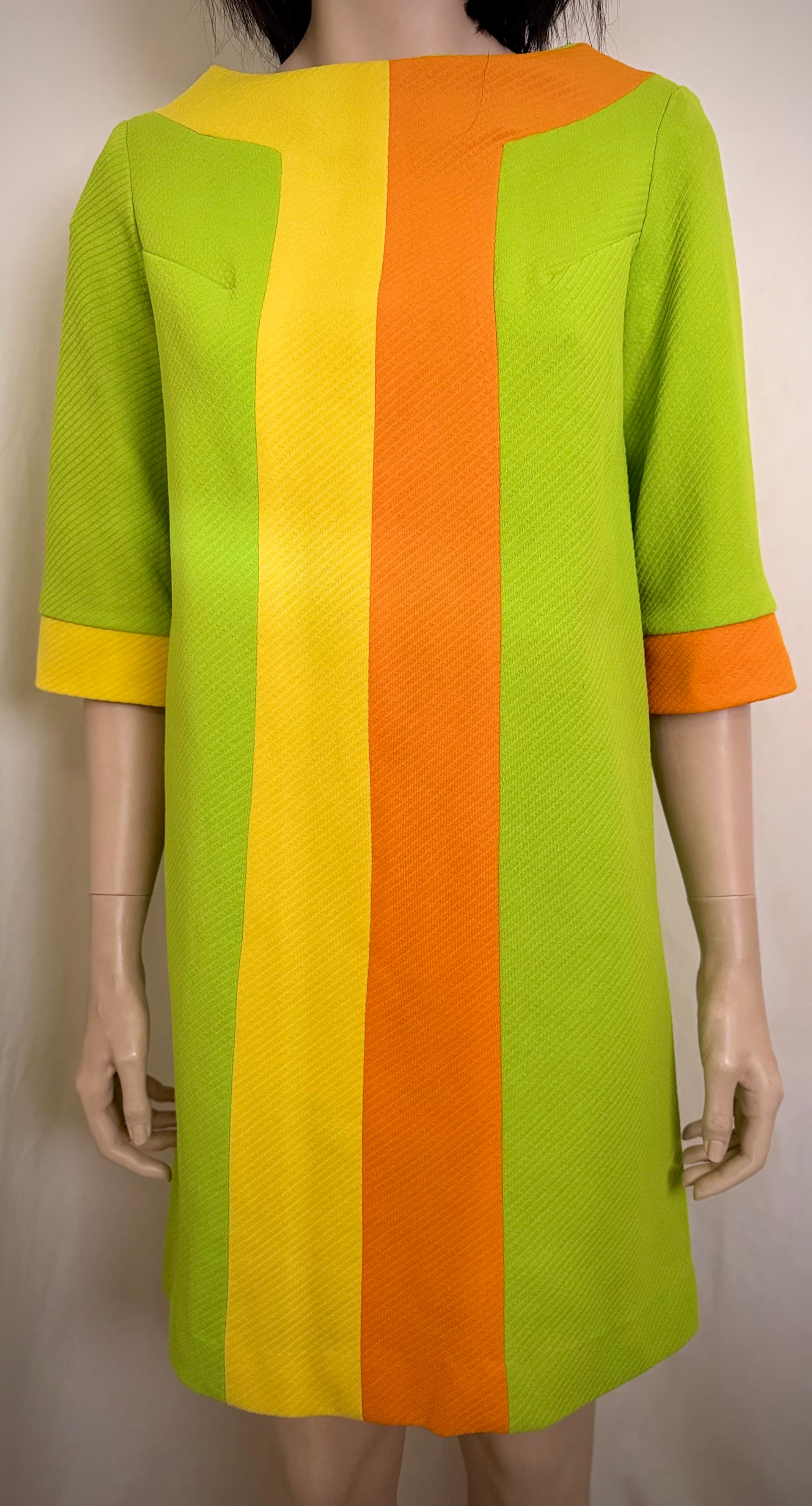 1960s Mod Graphic Stripe Shift Dress - Lime, Yellow and Tangerine