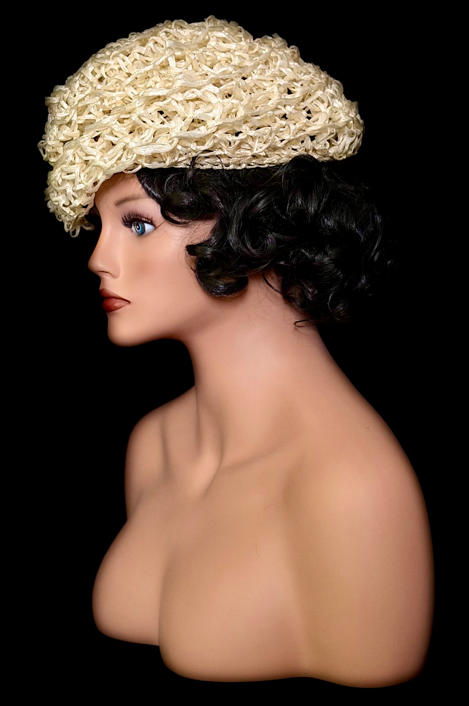 Mid-Century Sculptural Raffia Hat - Handwoven Organic Form