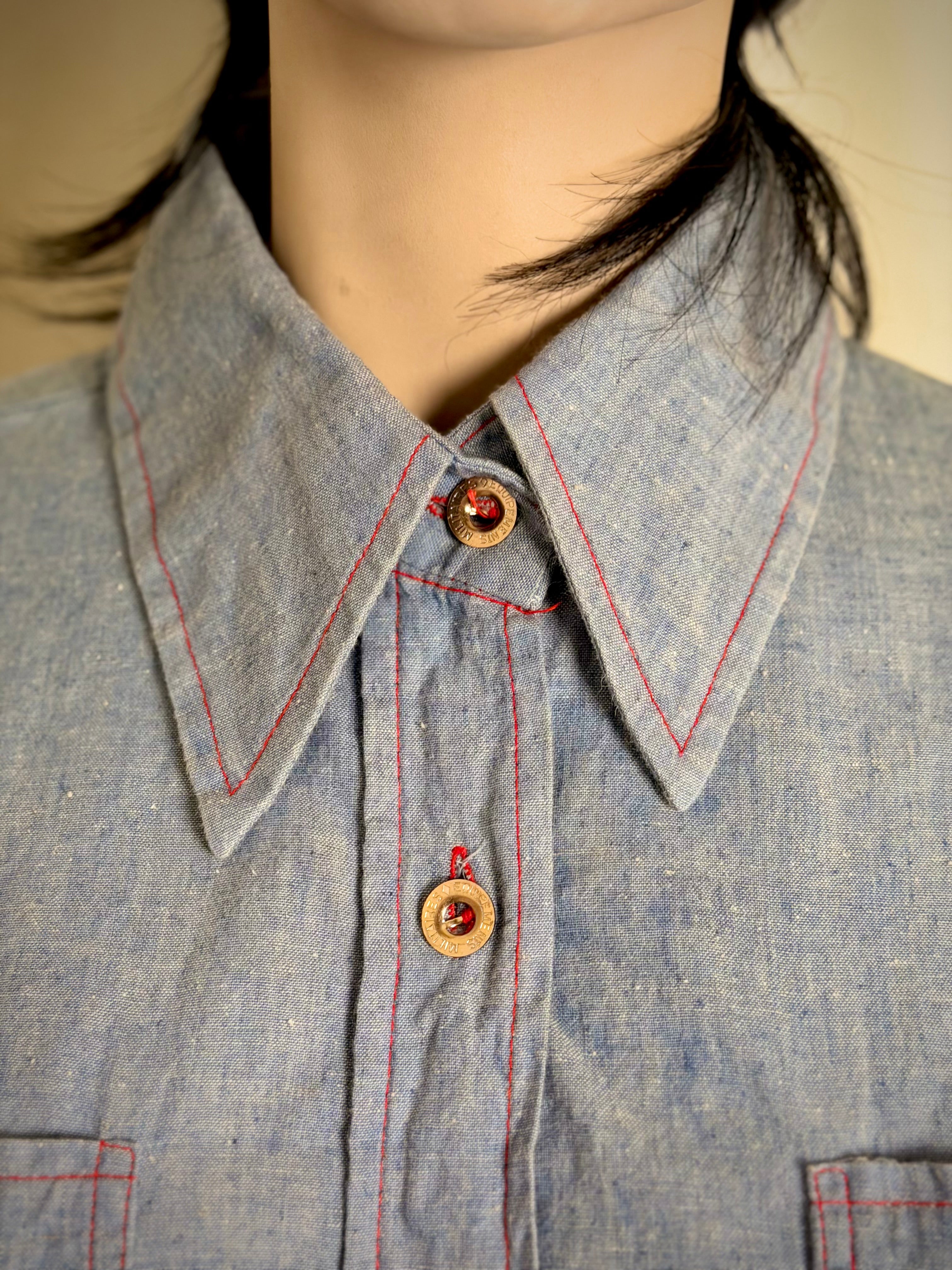 1970s American Denim Shirt with French Military Buttons – Dagger Collar, Red Contrast Stitching