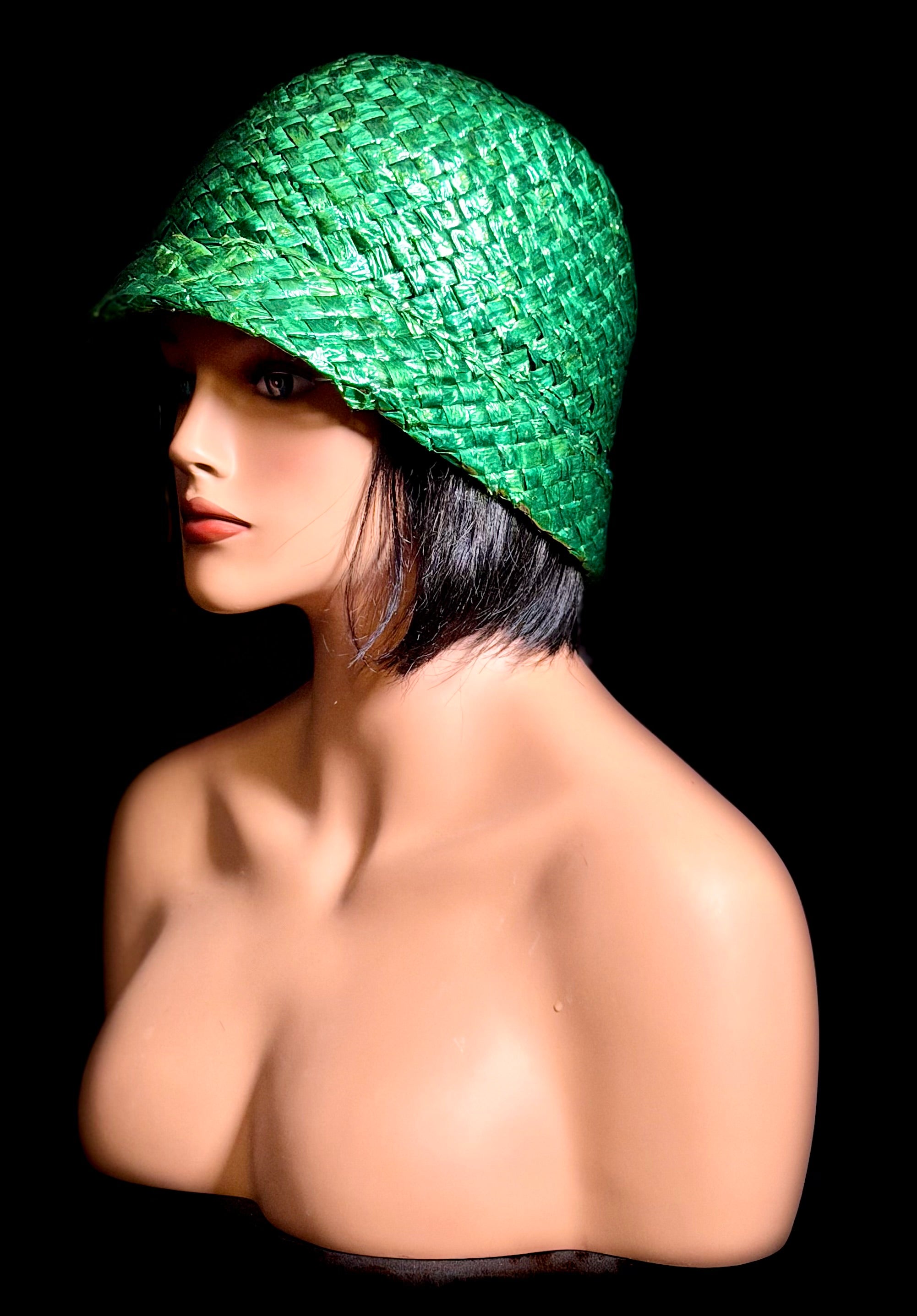 1940s Green Straw Cloche Hat - Handwoven Sculptural Millinery