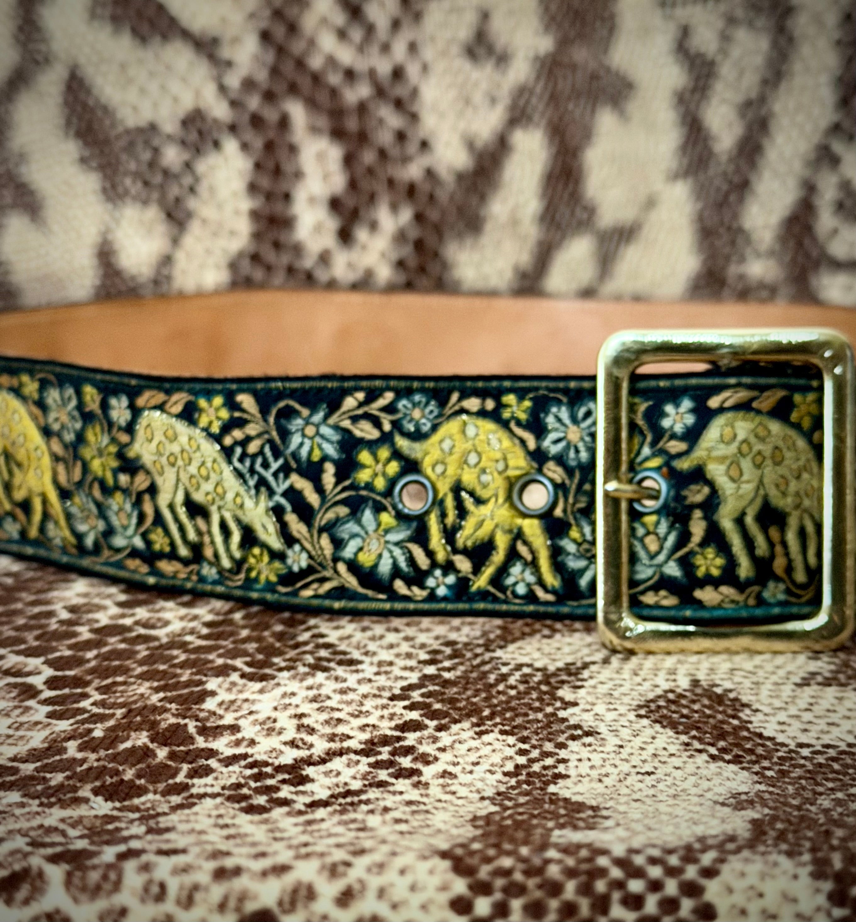 1970s Lutèce Paris Embroidered Leather Belt- Deer and Floral Tapestry (Made in France)