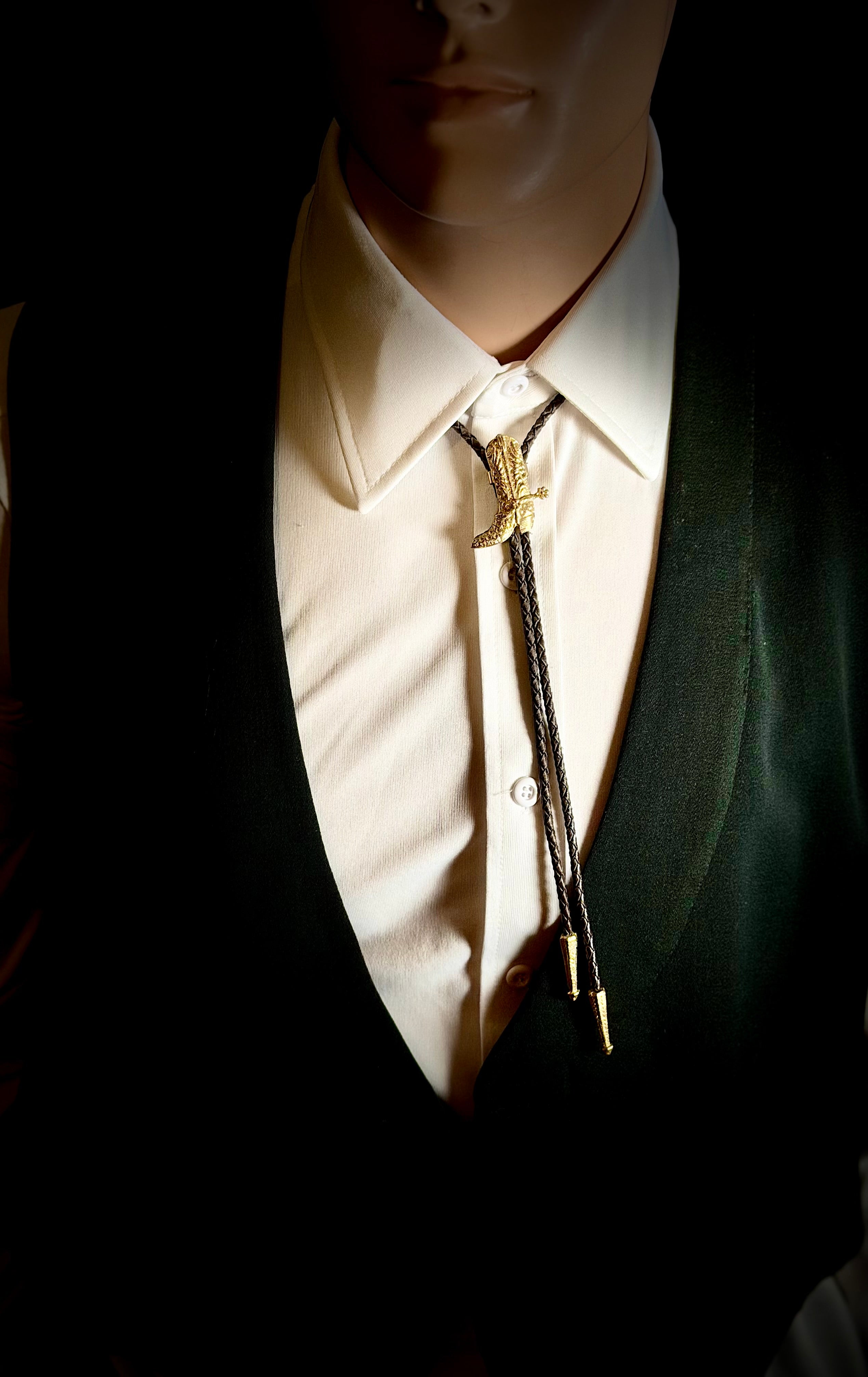 Vintage Gold Cowboy Boot Bolo Tie | Western Leather Bolo | Mid-Century