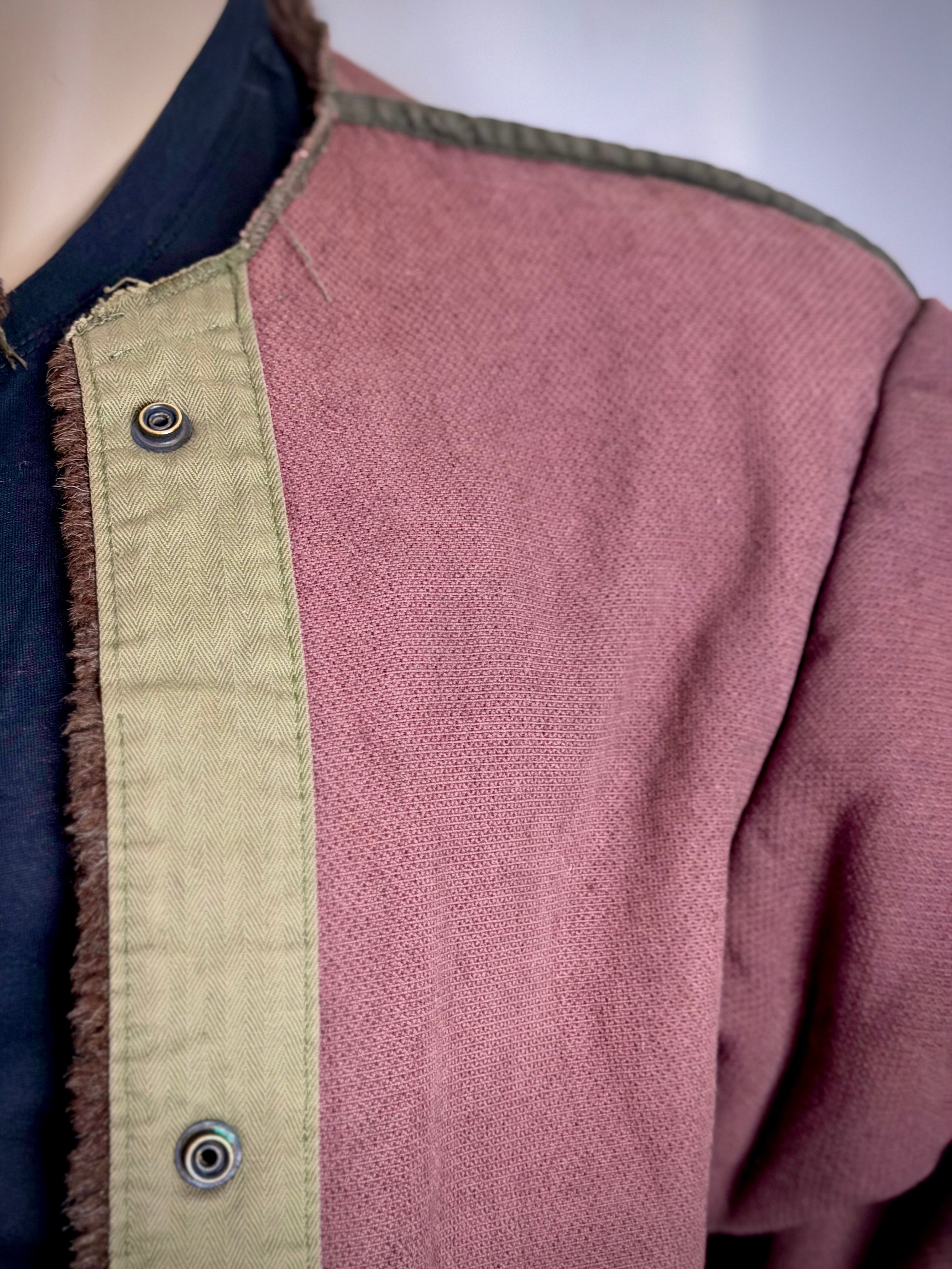 1960s Shearling Lined
Collarless Workers Coat - Olive Herringbone Trim