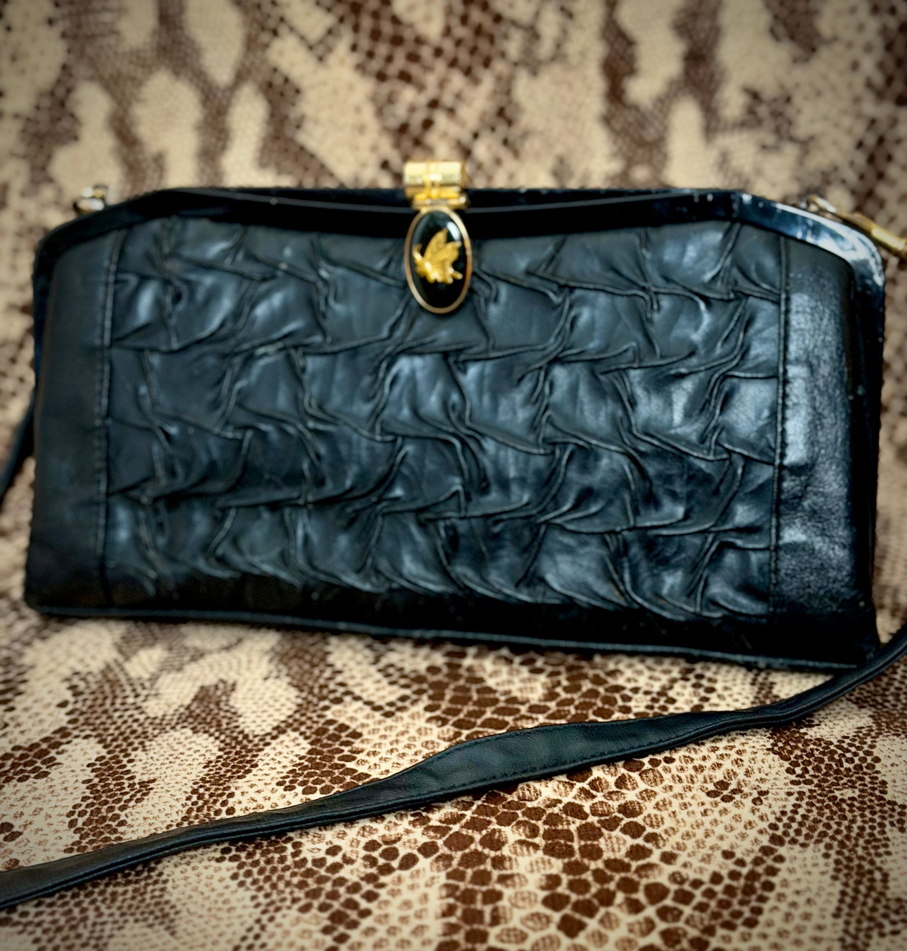 Late 50s-Early 60s Black Gathered Leather Shoulder Bag with Gold Butterfly Clasp