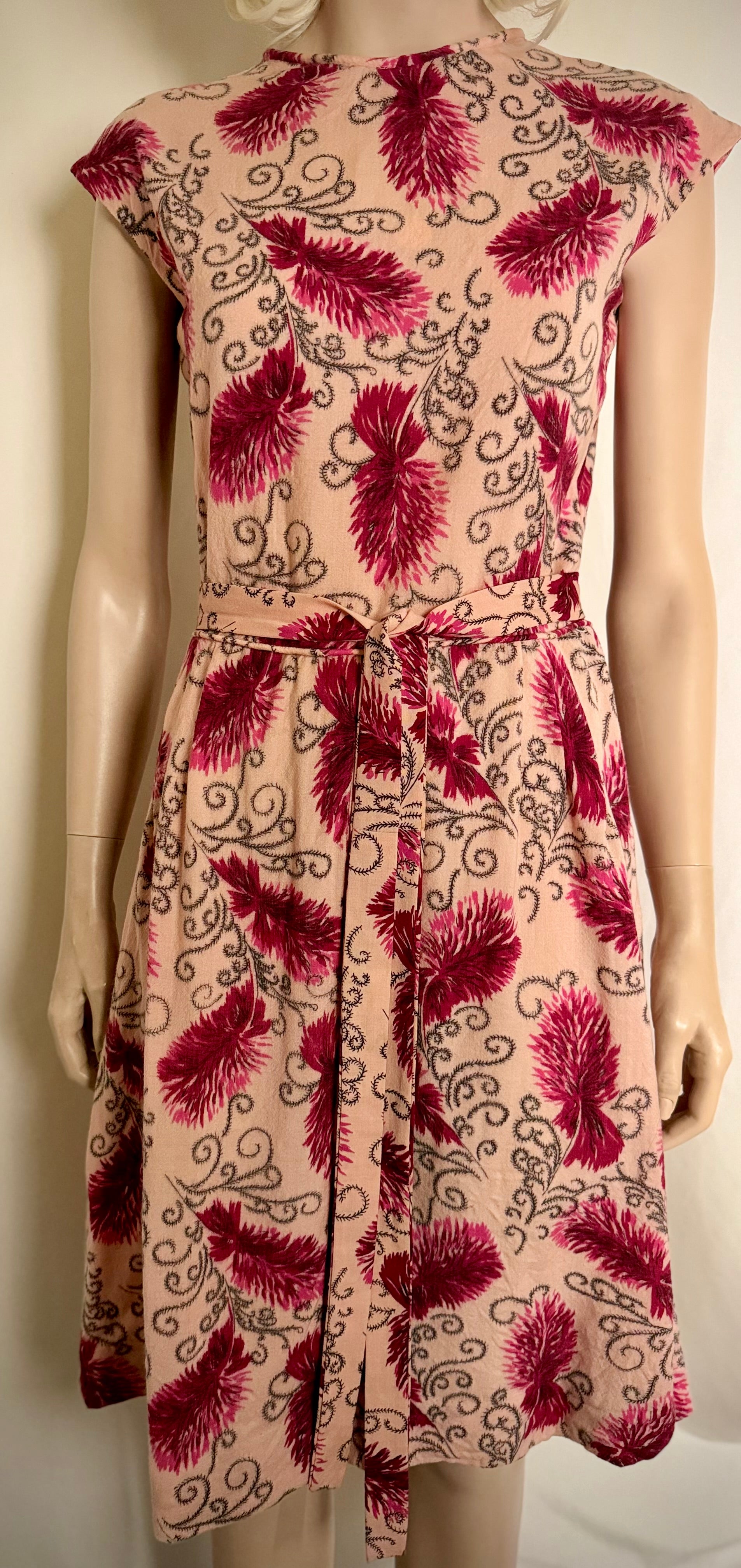 Circa 1940s Cotton Day Dress with Raspberry Print- Professionally Restored