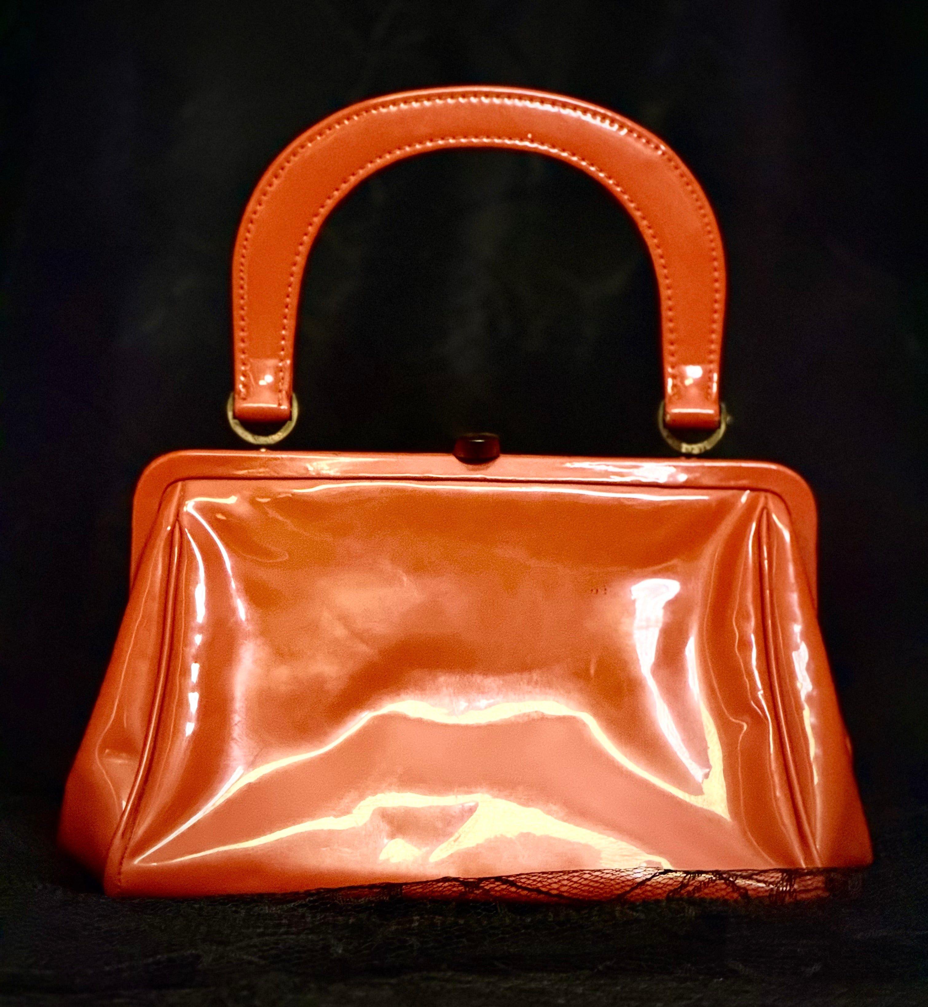 Mid-Century Tangerine Handbag with Original Gloves and Hanky Set