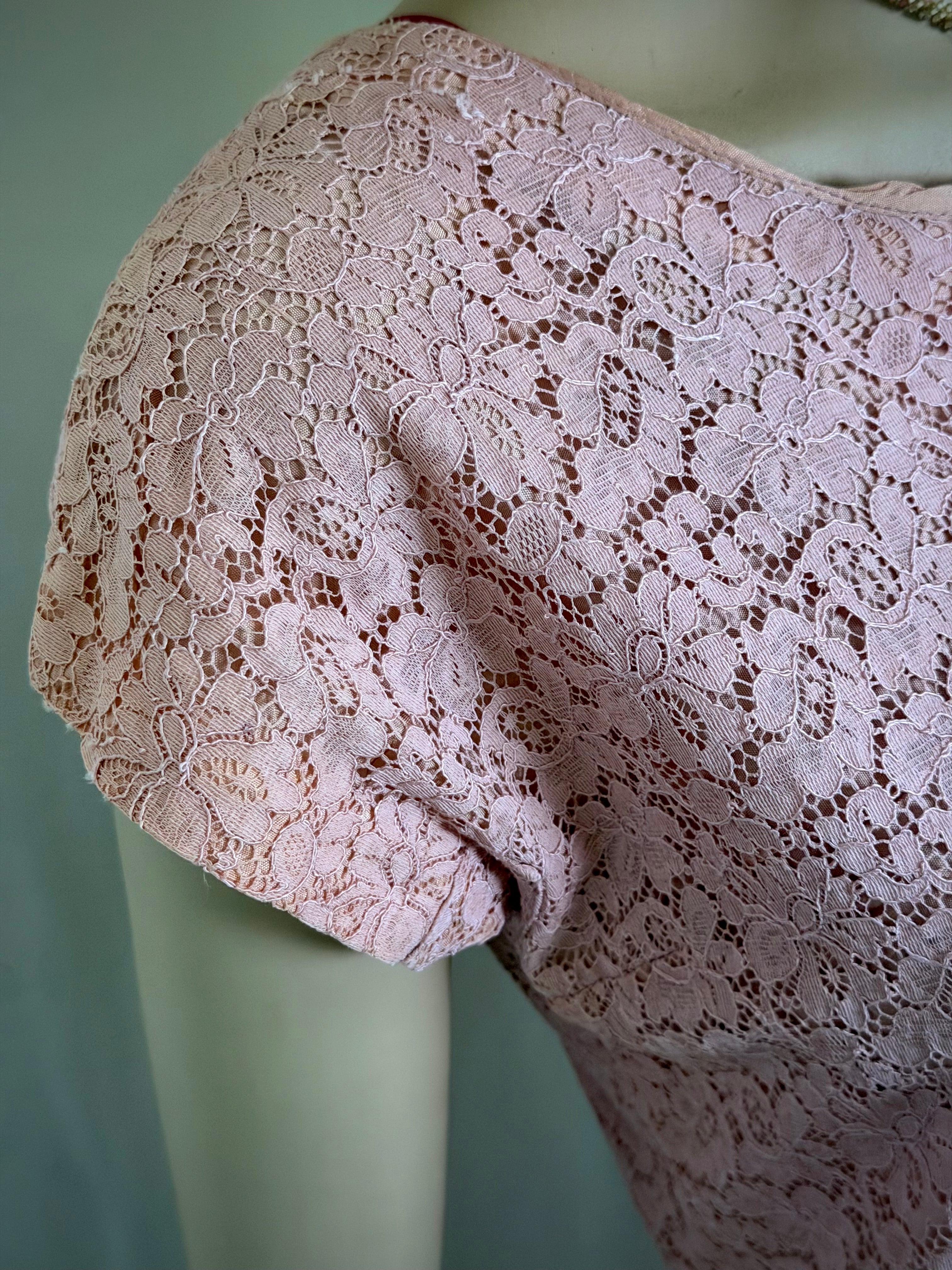 1950s Pink Lace Cocktail Dress with Satin Rosette Belt