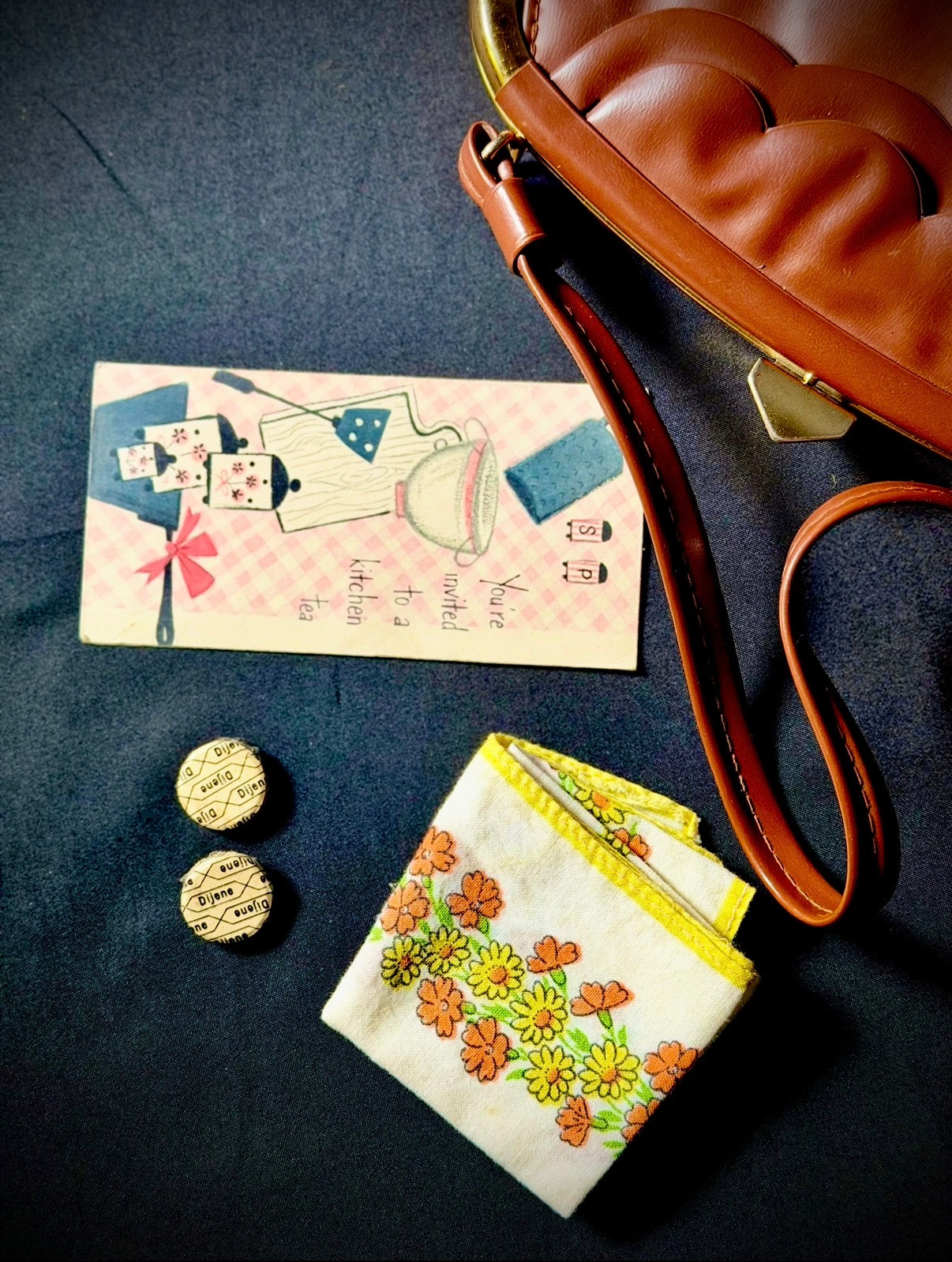 Late 1950s Sculptural Frame Bag with Scalloped Detail and Original Contents (Dijene Antacid, Ephemera)