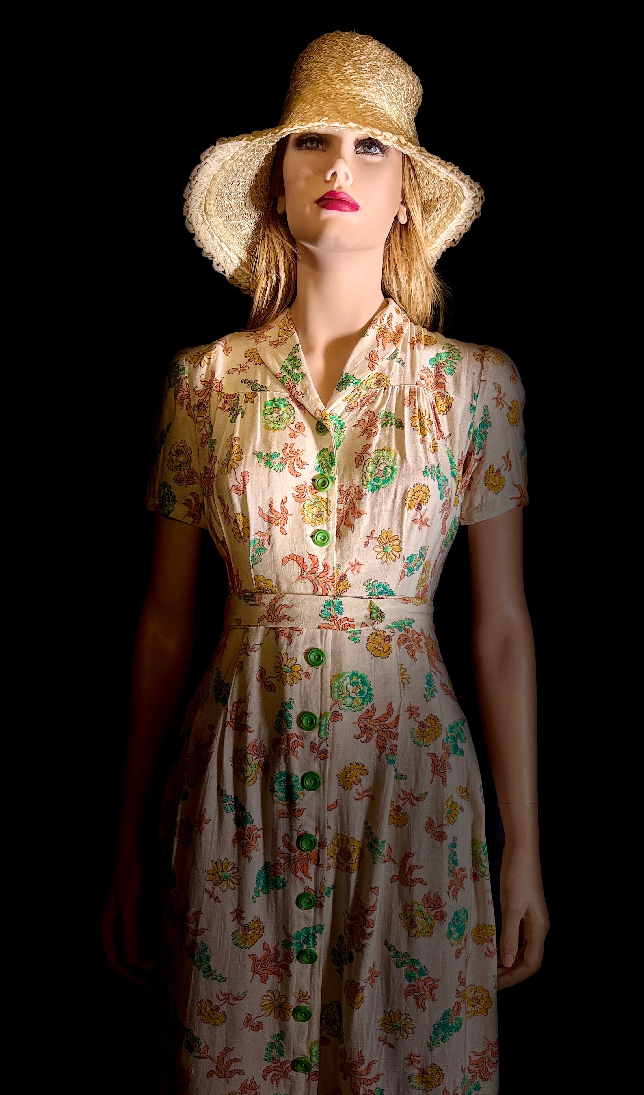 Late 1930s- Early 1940s Hand-Sewn Floral Day Dress with Original Green Buttons