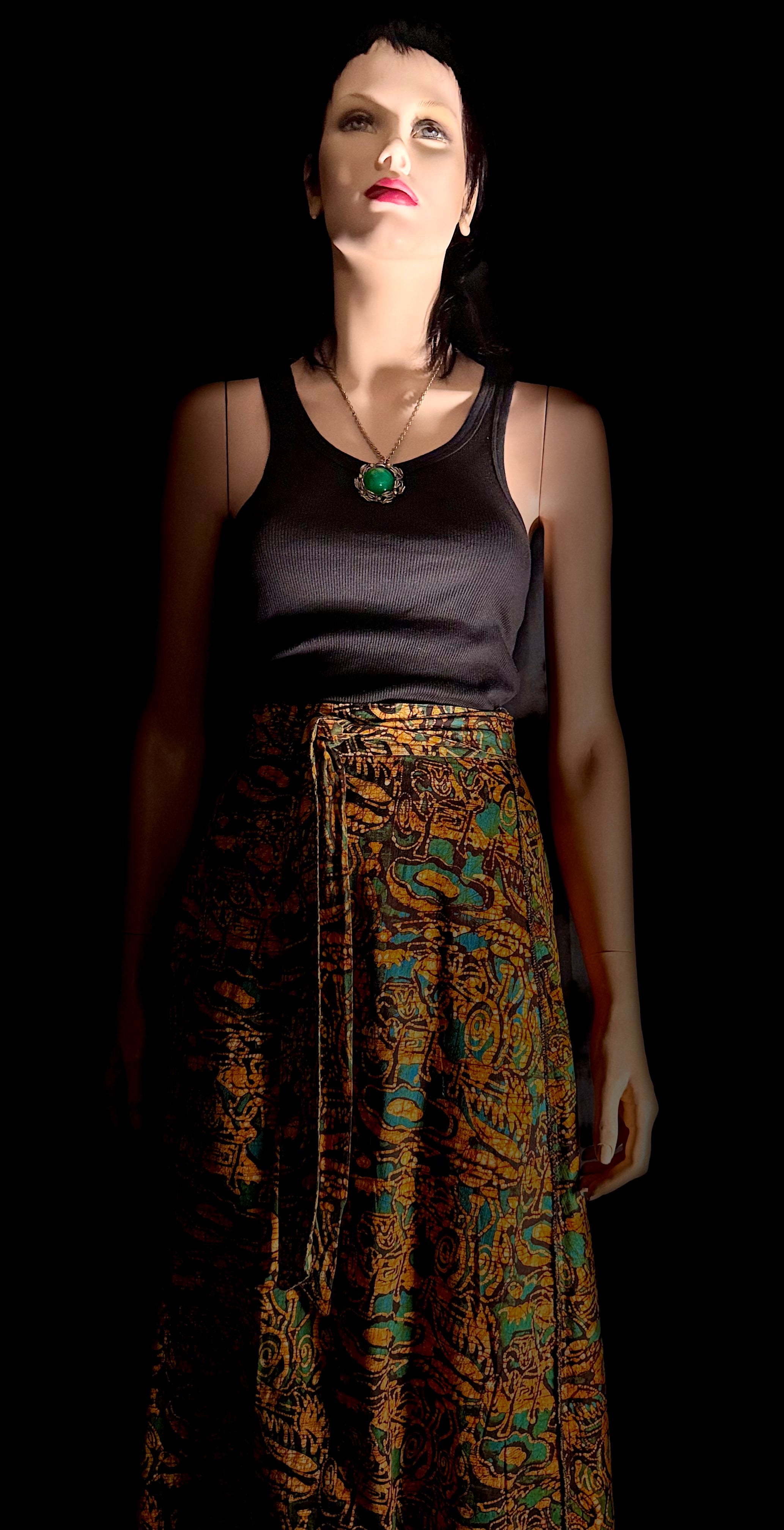 1970s Wrap Skirt – Earth Tone Abstract Print – Sarong Style