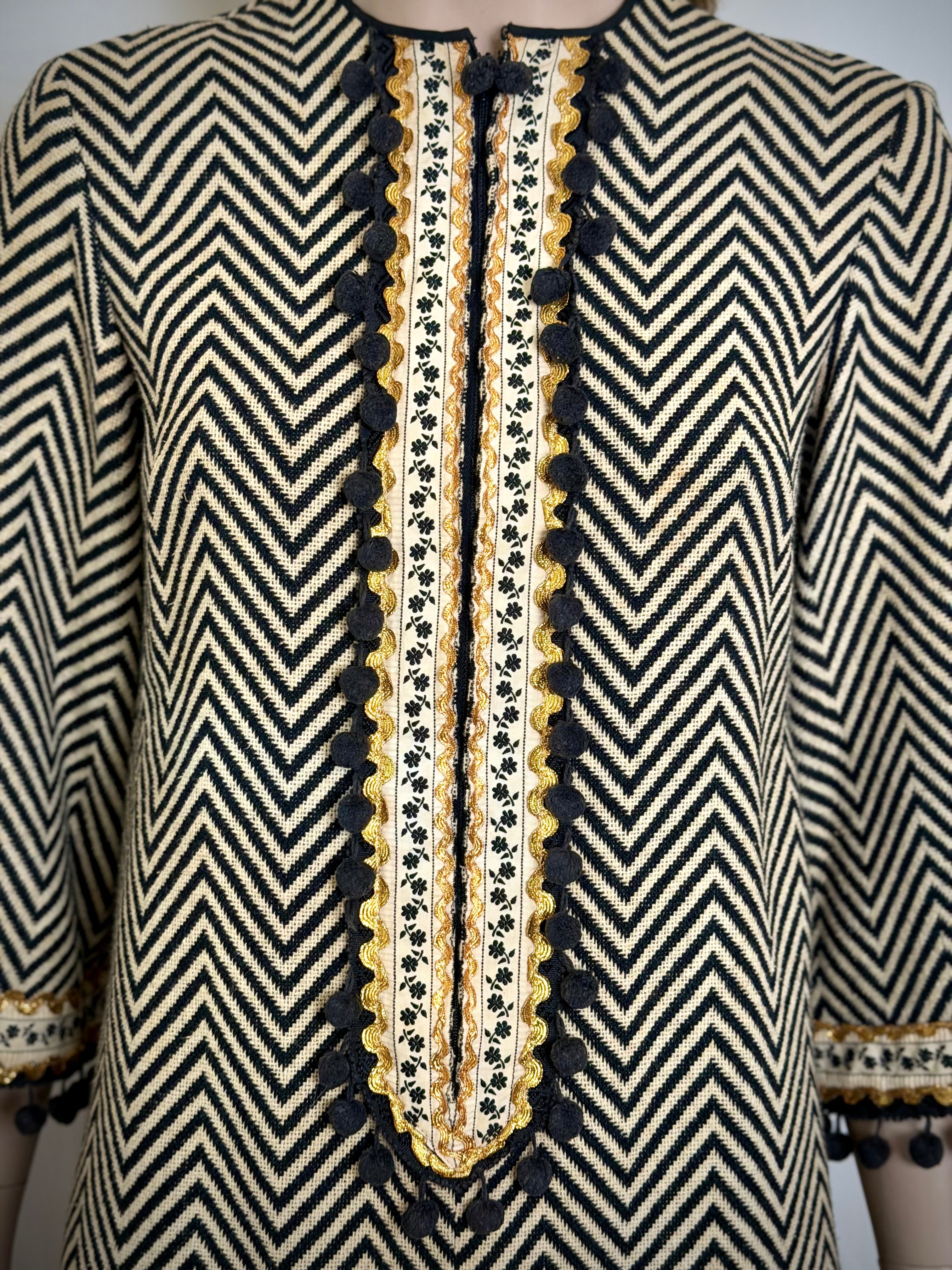 Mid-Century Chevron Weave Dress with Decorative Trim