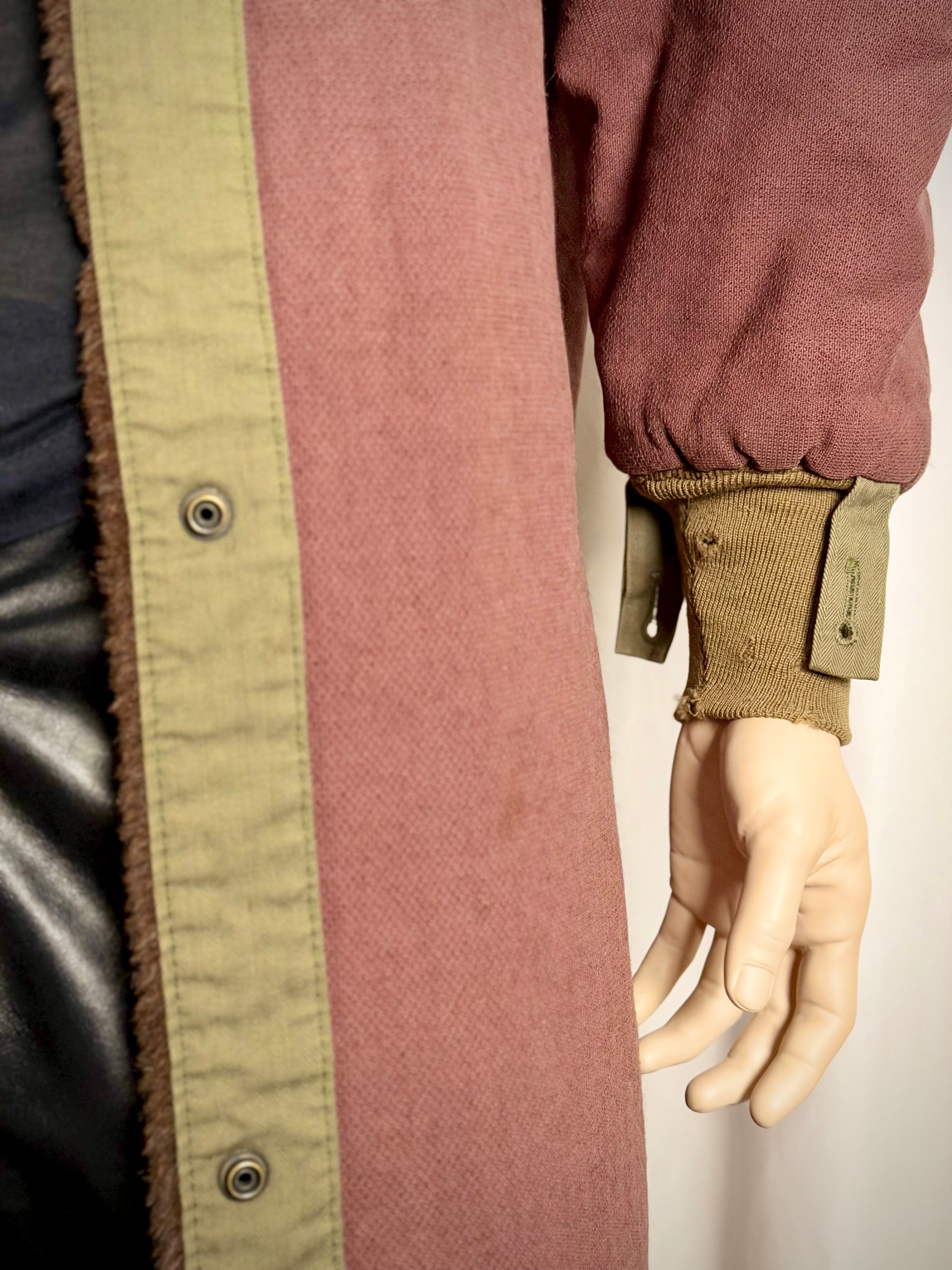 1960s Shearling Lined
Collarless Workers Coat - Olive Herringbone Trim