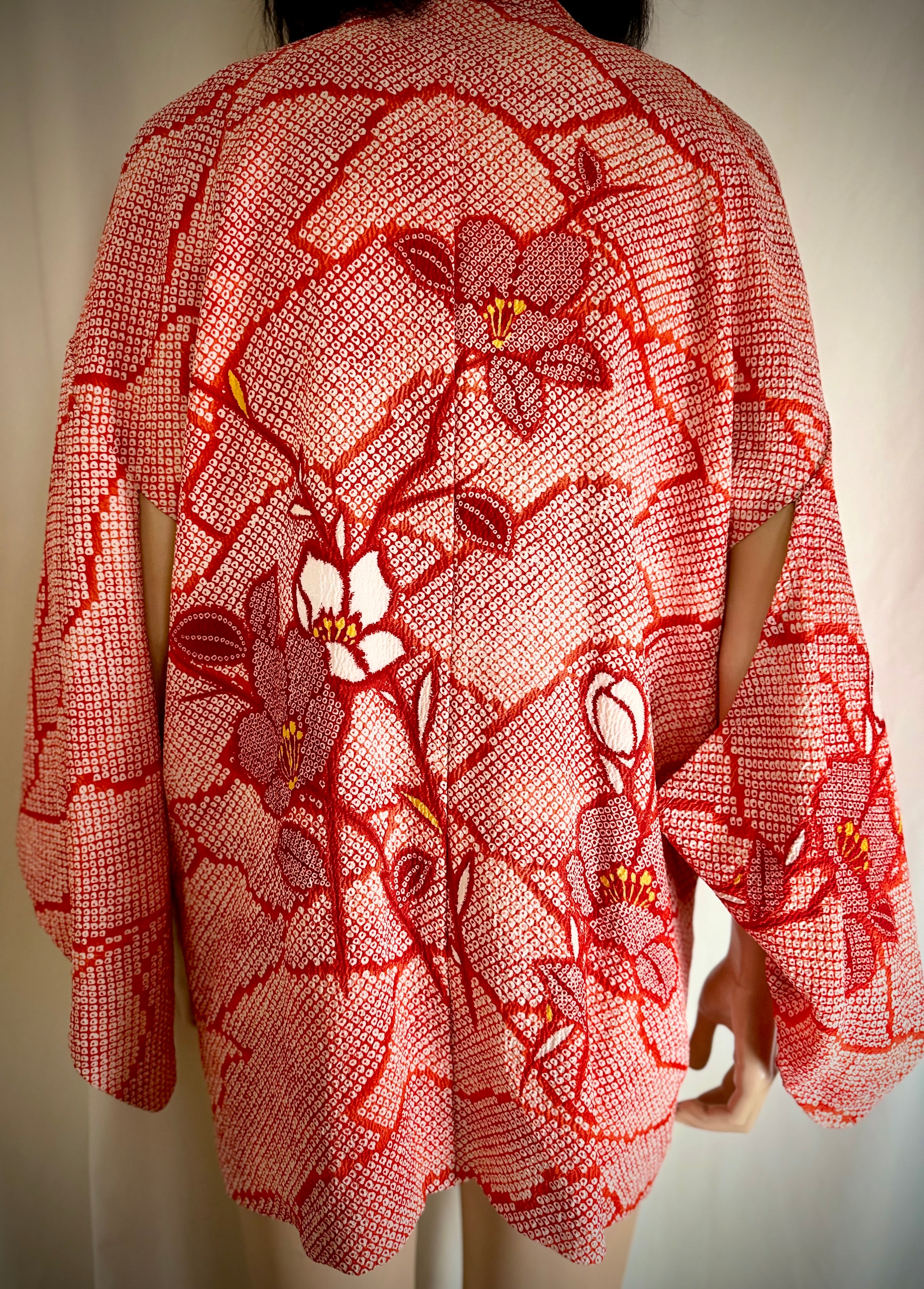 Vintage Japanese Hand-Shibori Silk Kimono Jacket - Red with Embroidered Florals