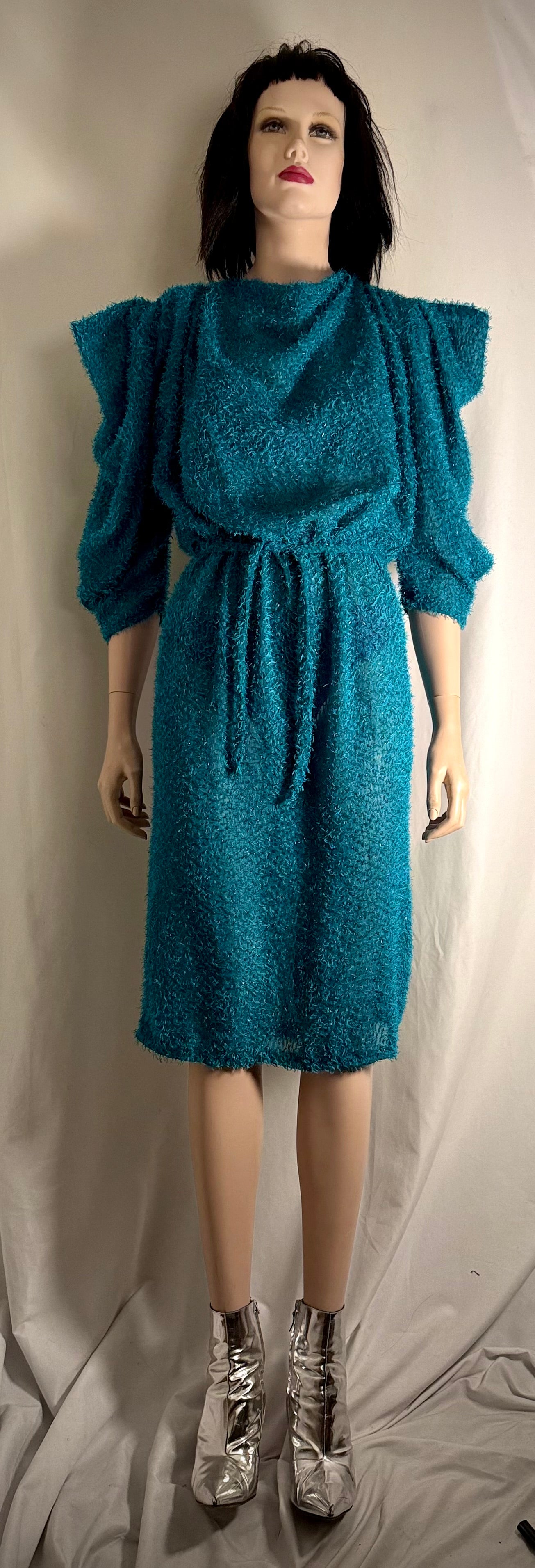 Electric Turquoise Sheer Lurex Midi Dress – 80s Avant-Garde Silhouette