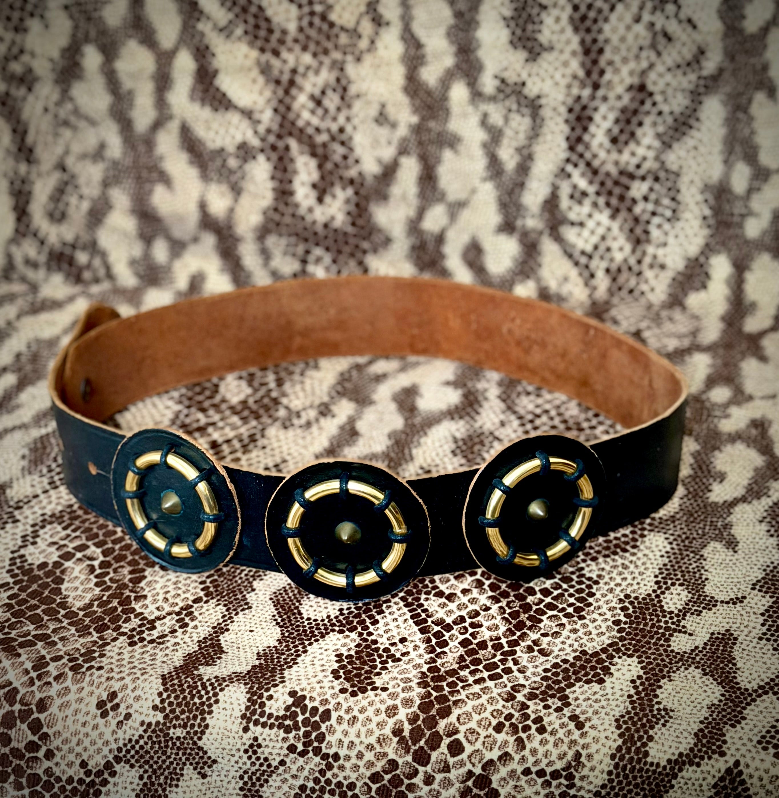 Late 1970s Deep Brown Studded Leather Concho Belt