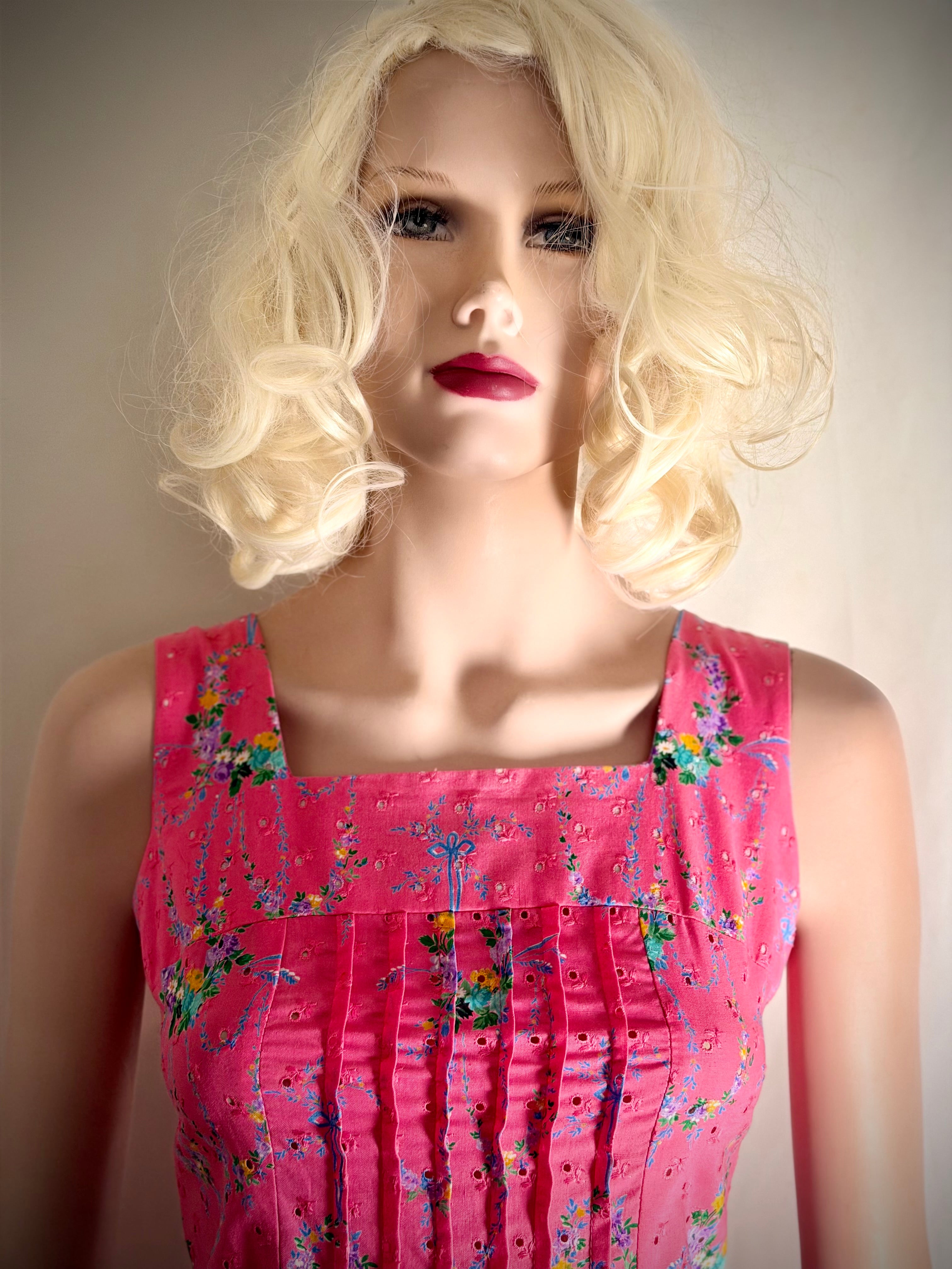 Circa 1960 Pink Floral Eyelet Cotton Dress with Pintucked Bodice