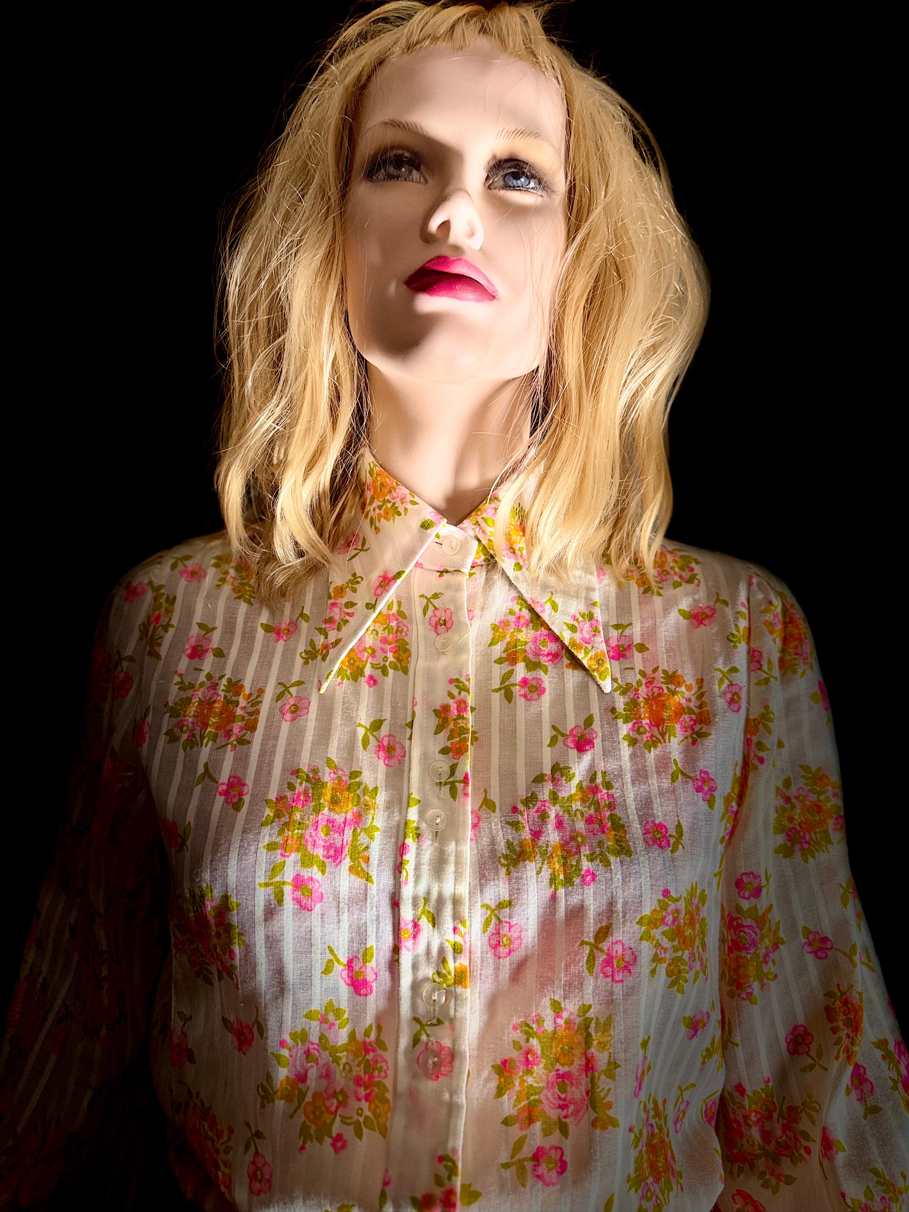1970s Semi-Sheer Floral Stripe Blouse with Double Buttons