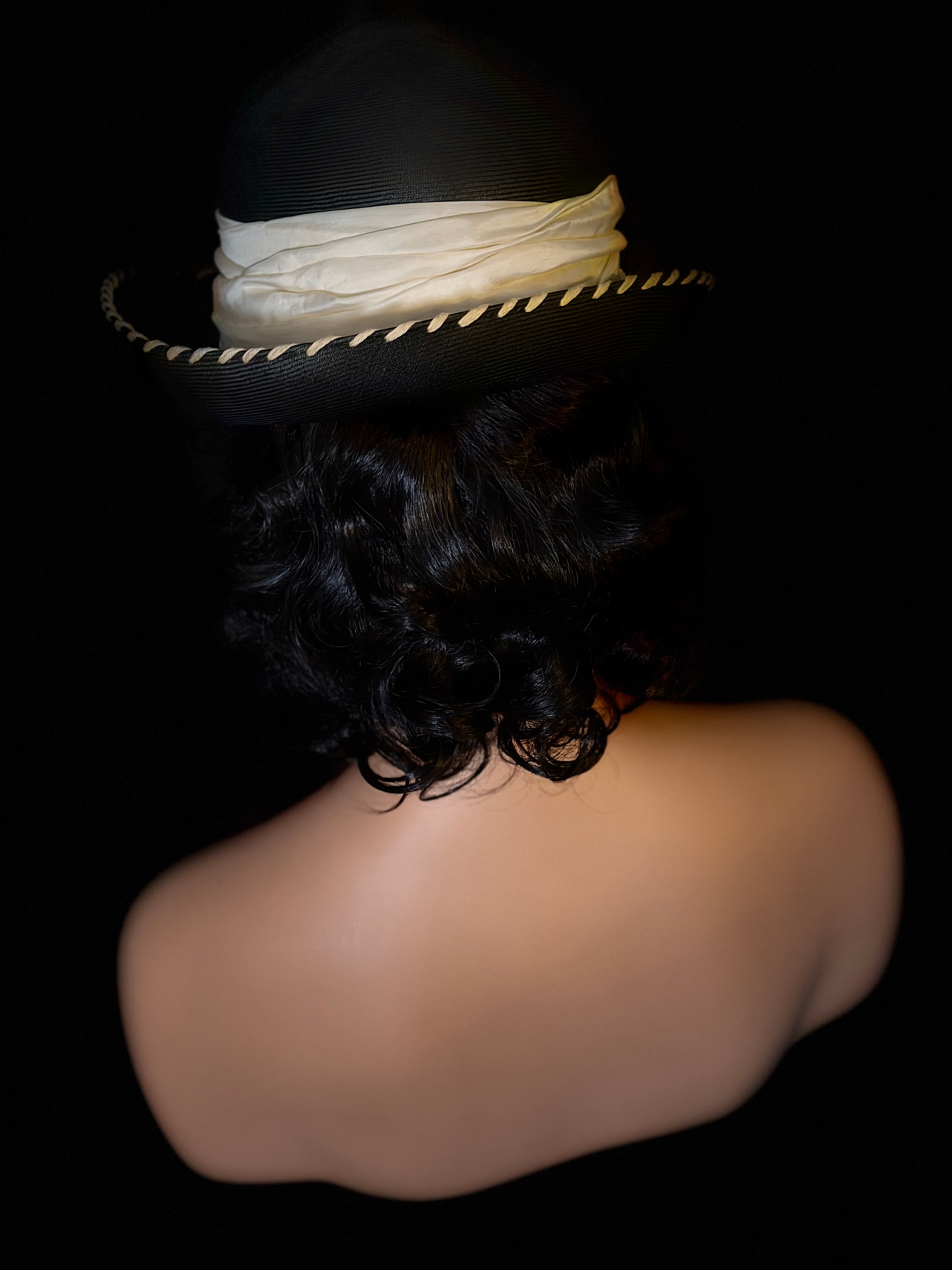 Exceptional Mid-Century Sculptural Hat - Black Structured Crown with Velvet and Satin Roses