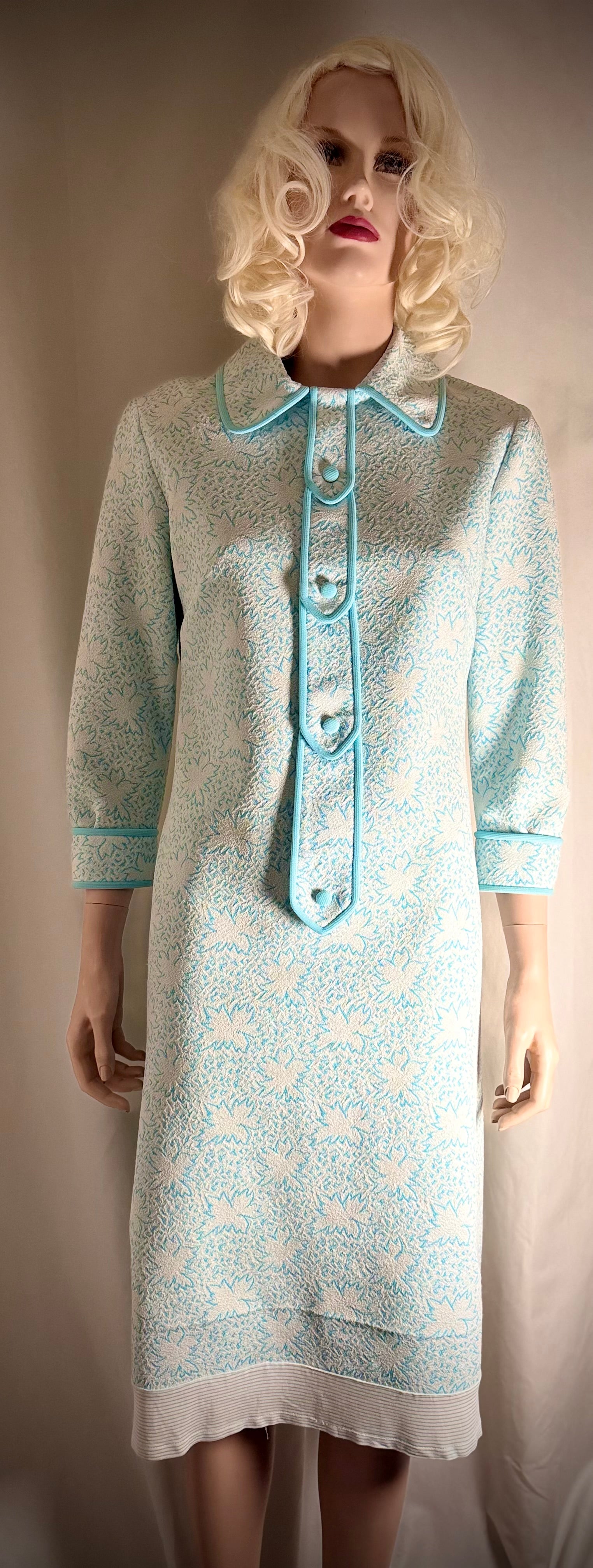 Immaculate 1960s Turquoise-Trimmed Textured Day Dress