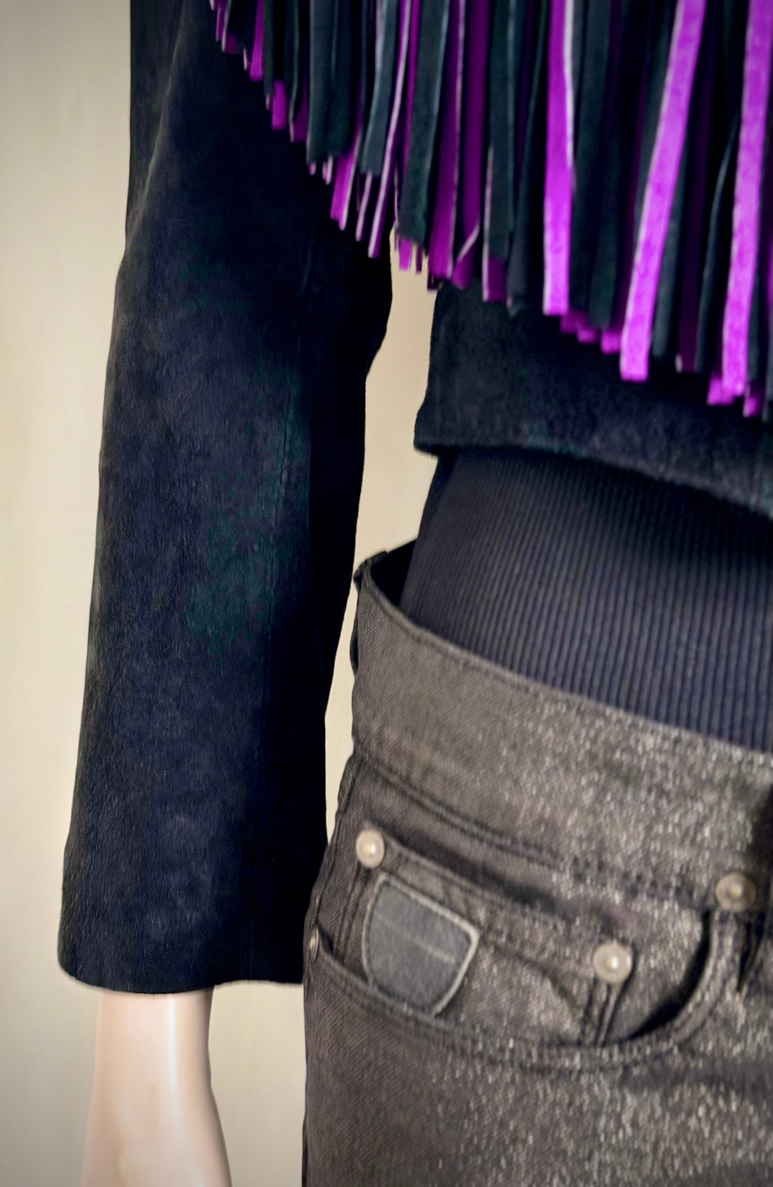 Exceptional 1980s Adler Black and Purple Suede Fringe Jacket