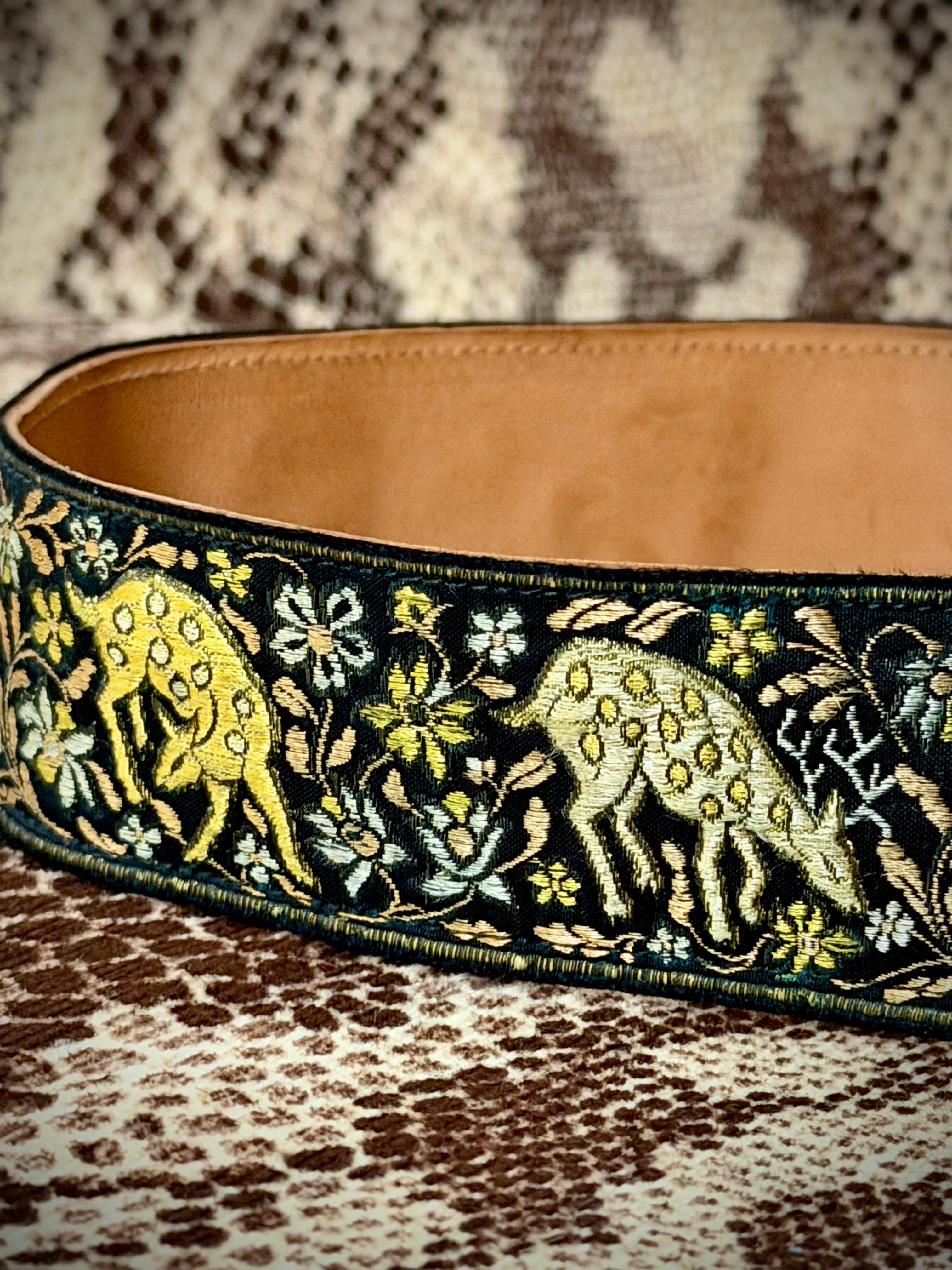 1970s Lutèce Paris Embroidered Leather Belt- Deer and Floral Tapestry (Made in France)