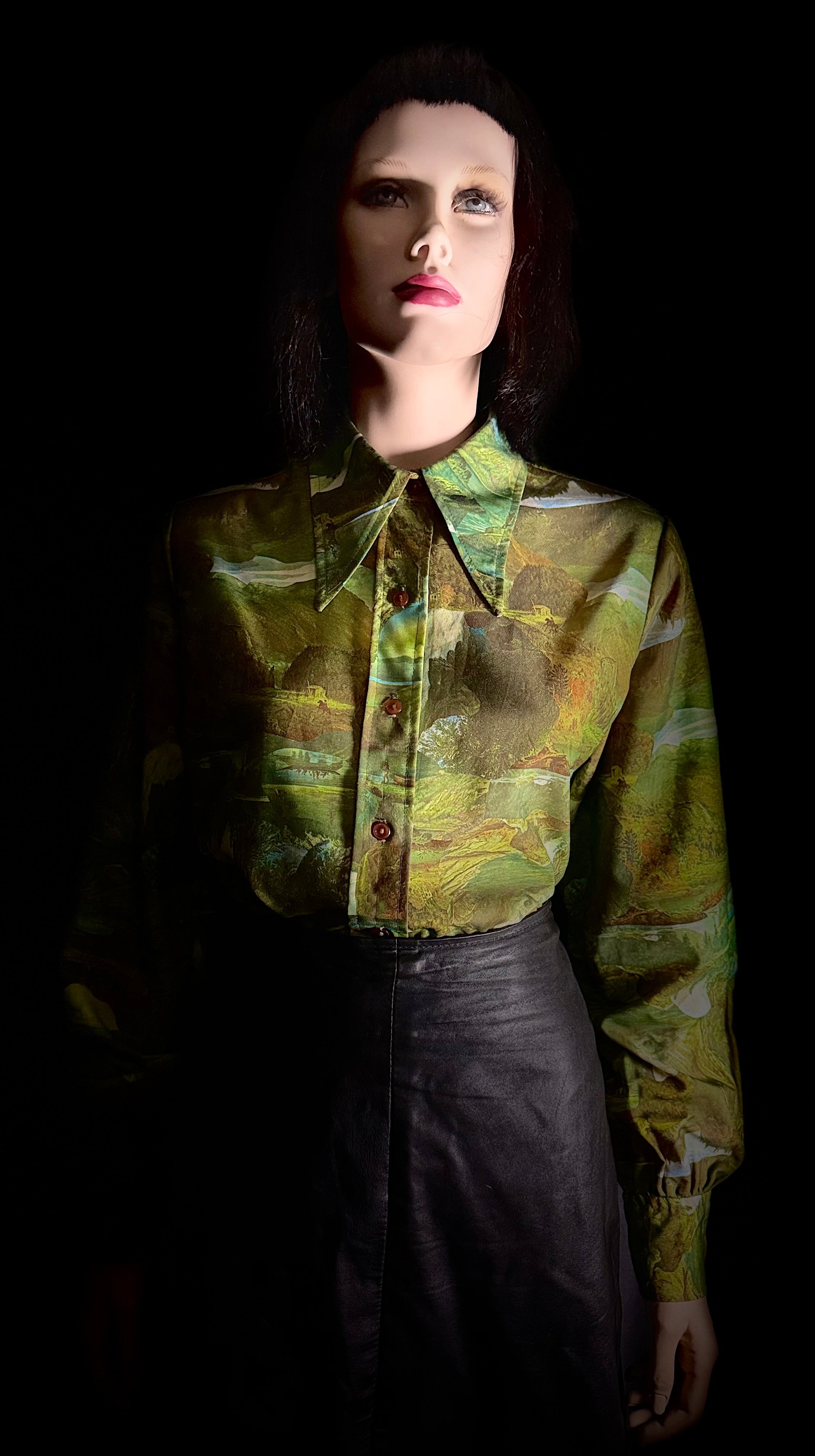 Late 1960s–Early 1970s Forest Scenic Print Shirt | Painterly Landscape Blouse