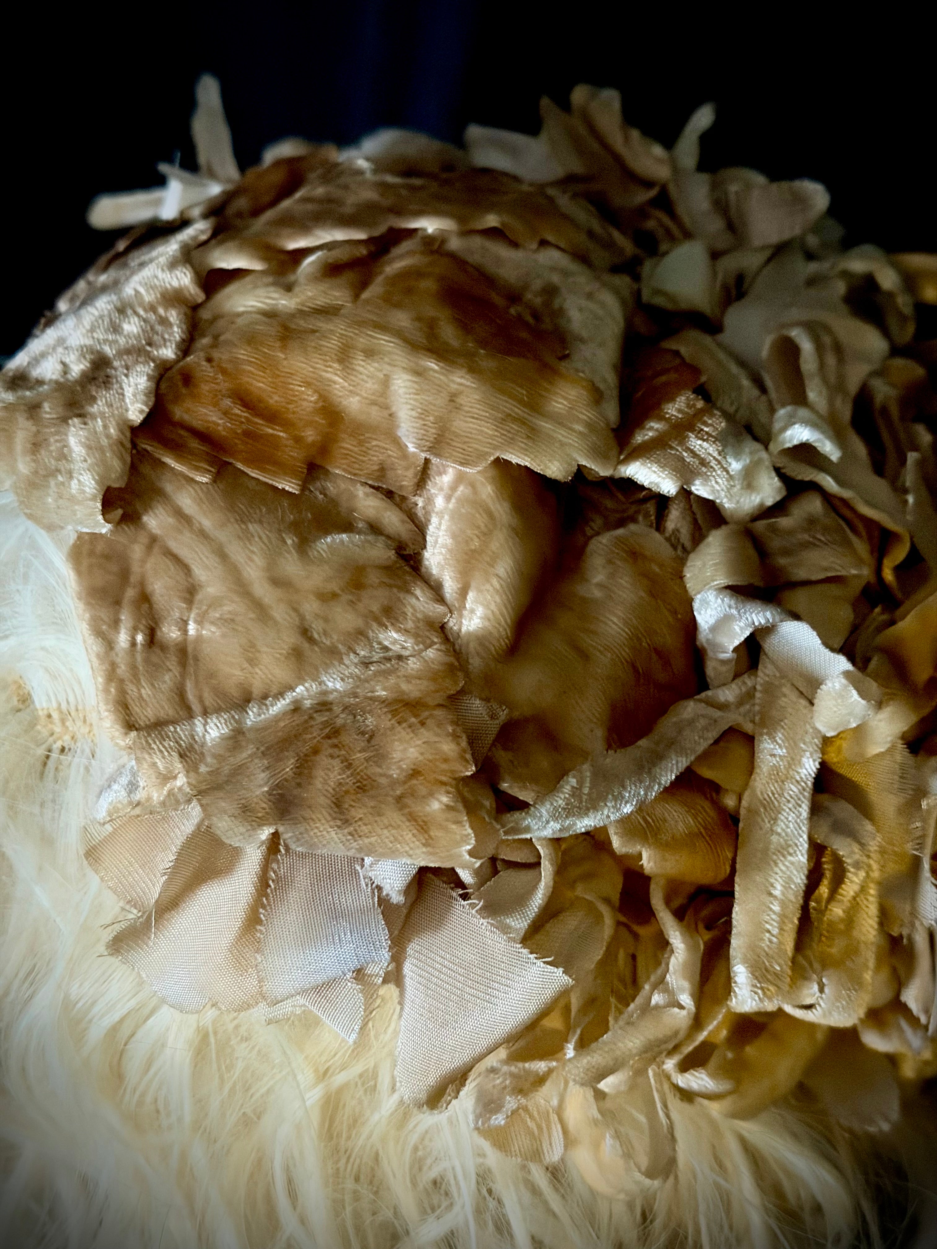 1950s Cream Velvet Leaf & Ribbon Sculptural Hat